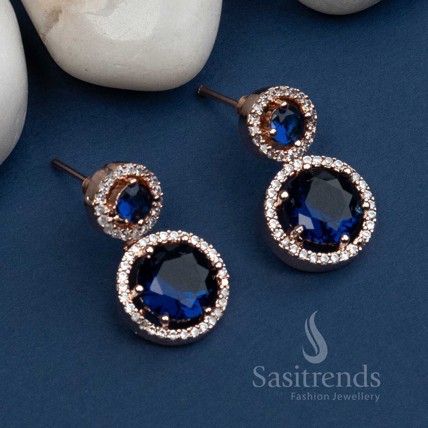 Trendy Royal Round Rose Gold Earrings with American Diamond Stones | Sasitrends - Image 8