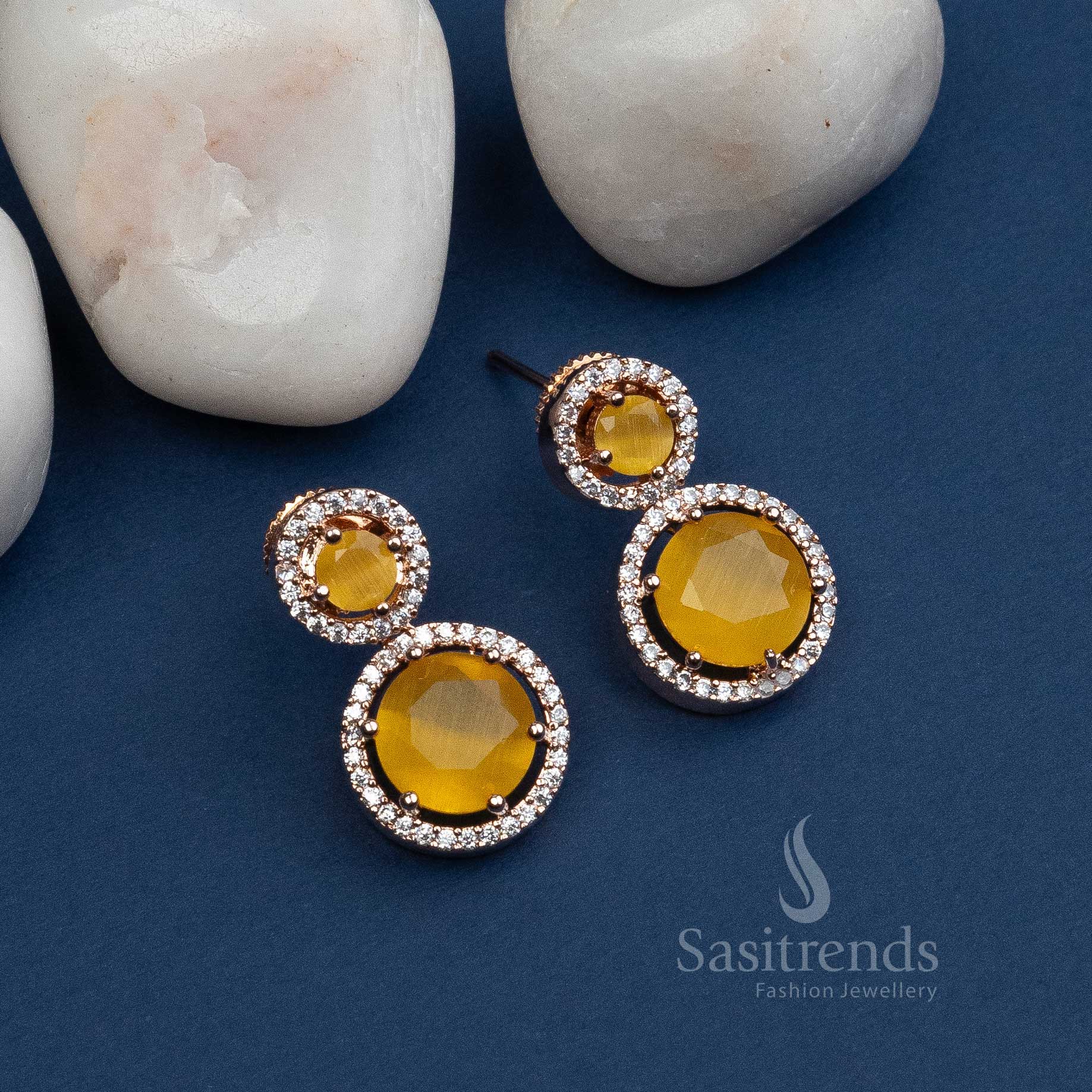 Trendy Royal Round Rose Gold Earrings with American Diamond Stones | Sasitrends - Image 9