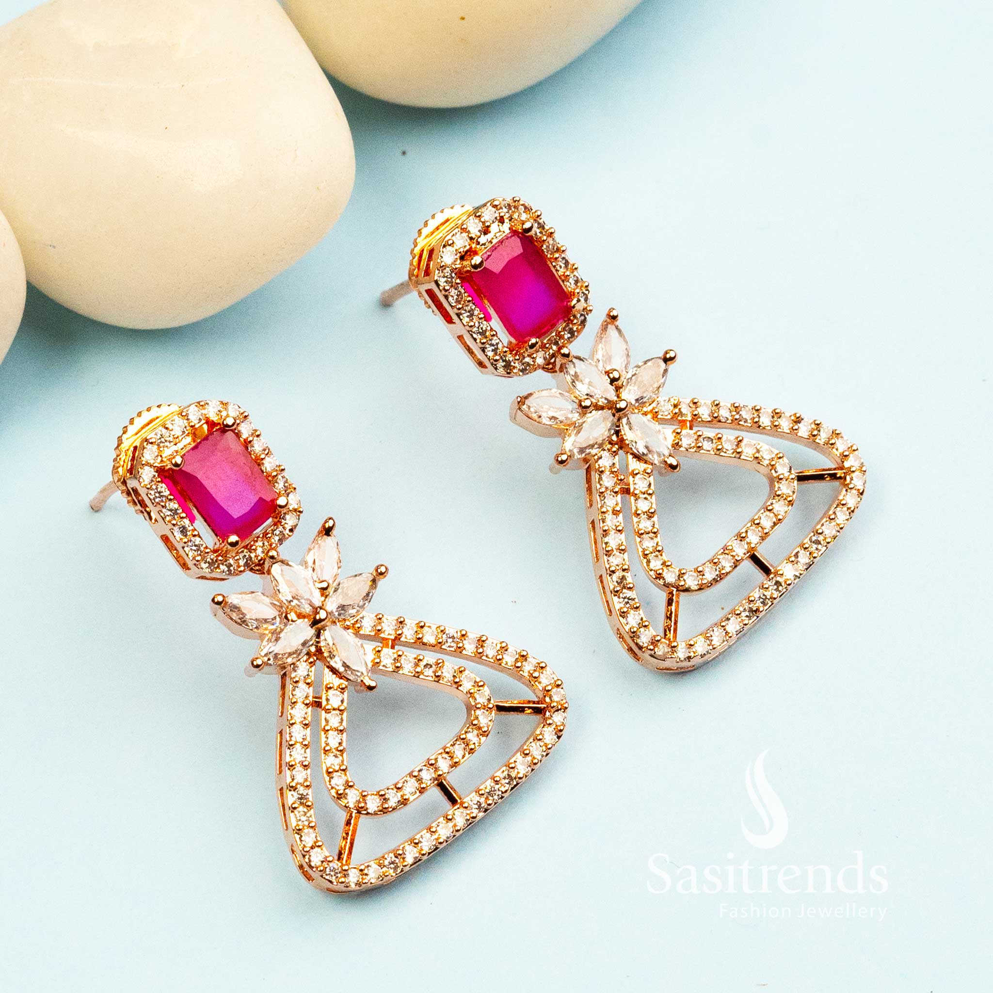 Trendy Royal Rose Gold Plated Earrings with American Diamond Stones - Image 10