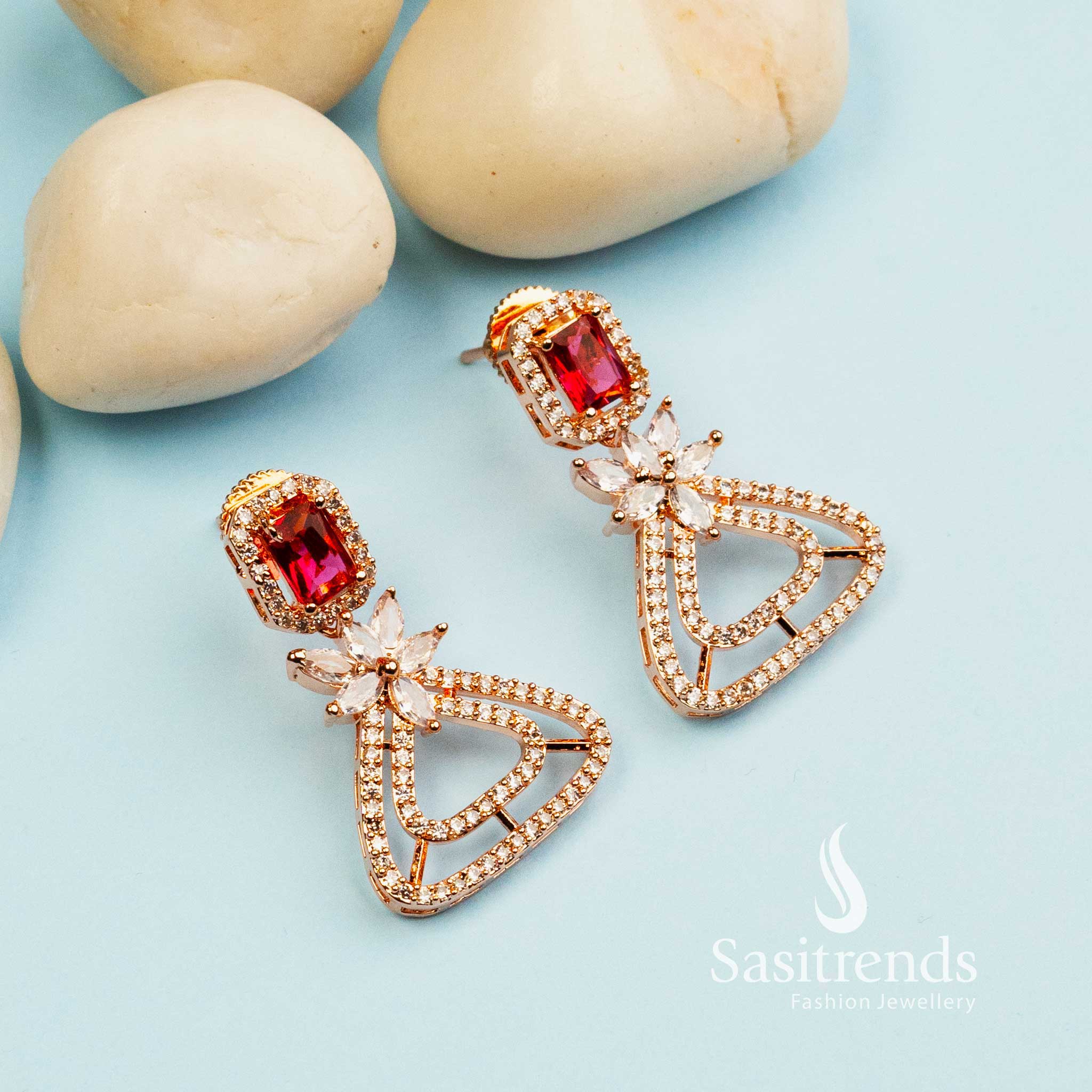 Trendy Royal Rose Gold Plated Earrings with American Diamond Stones - Image 3