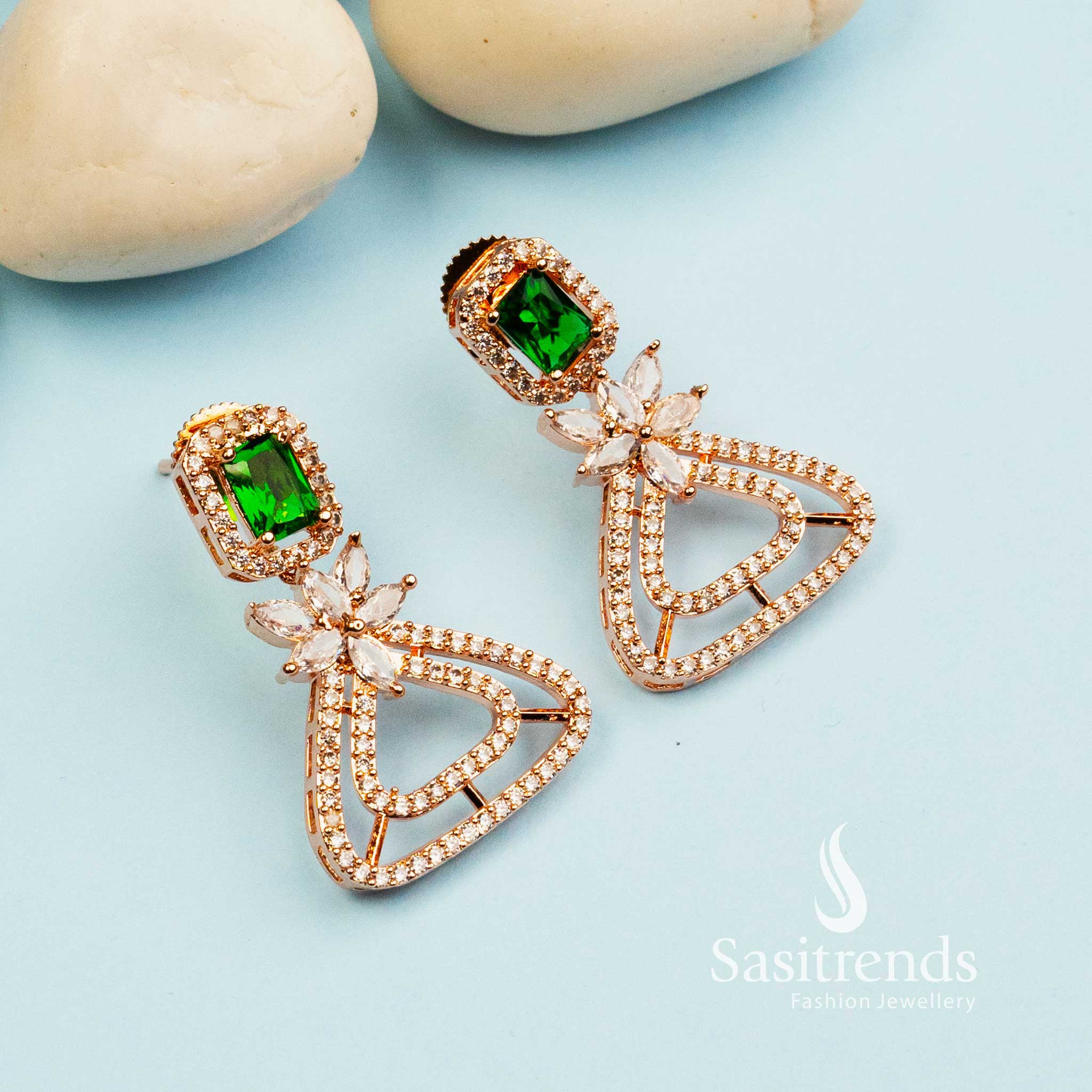 Trendy Royal Rose Gold Plated Earrings with American Diamond Stones - Image 4