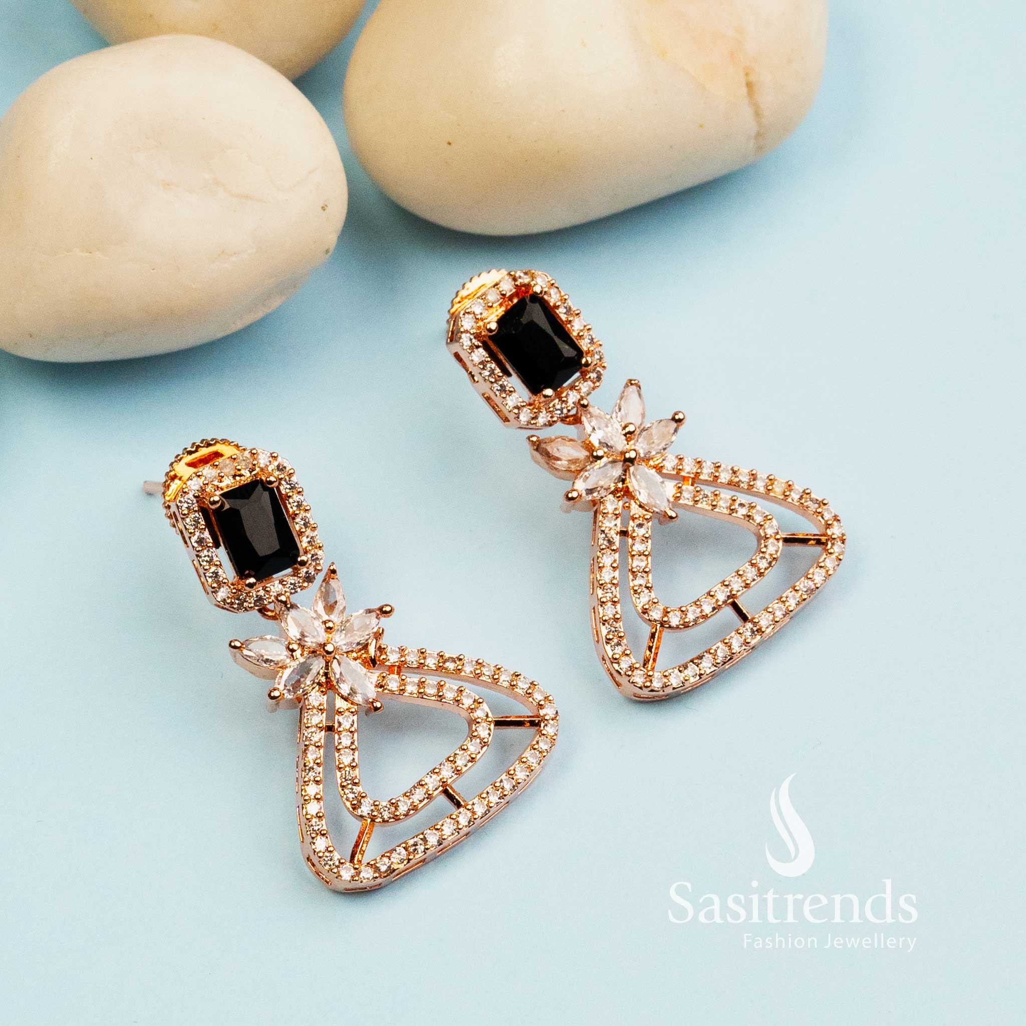 Trendy Royal Rose Gold Plated Earrings with American Diamond Stones - Image 5