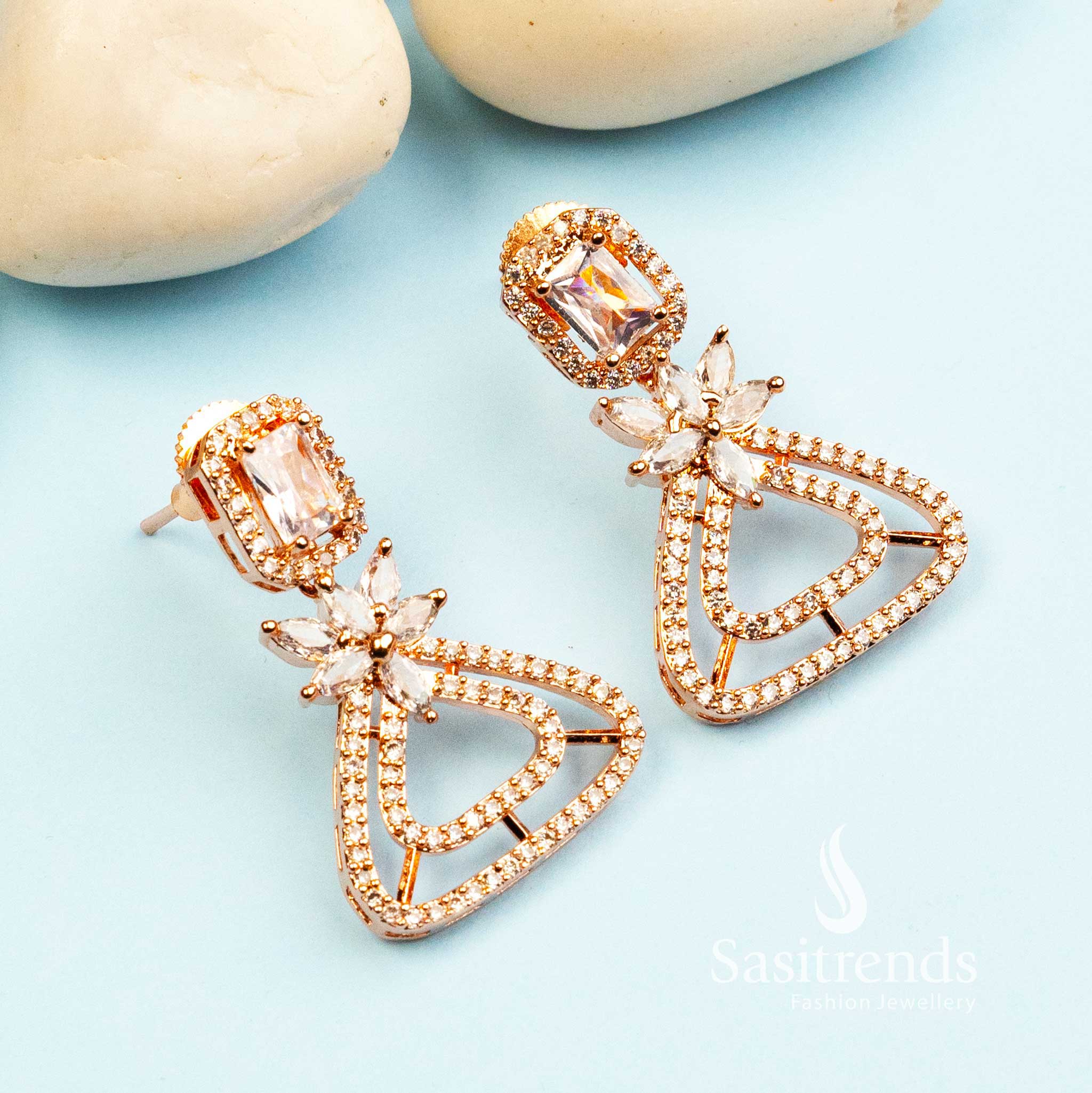 Trendy Royal Rose Gold Plated Earrings with American Diamond Stones - Image 6