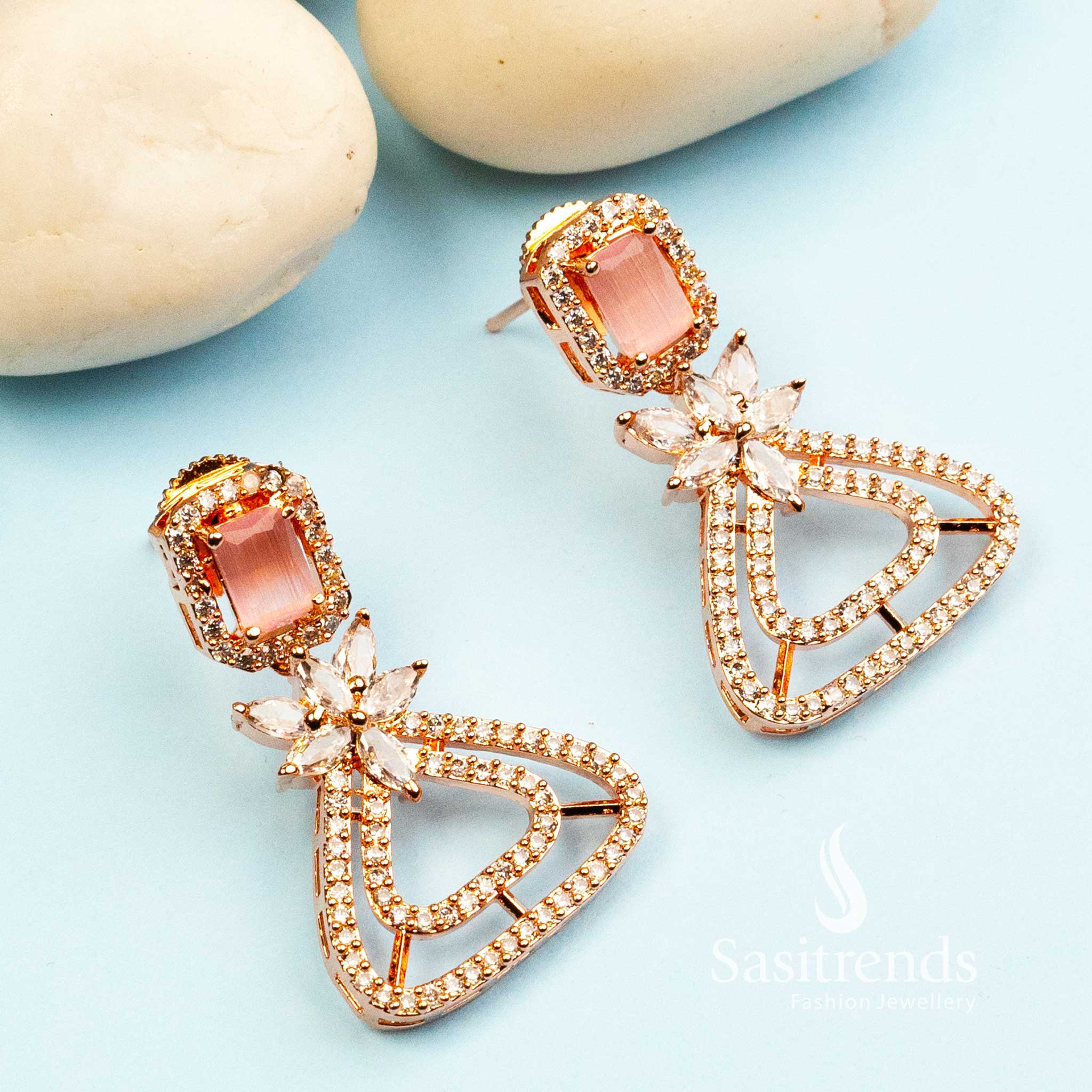 Trendy Royal Rose Gold Plated Earrings with American Diamond Stones - Image 7