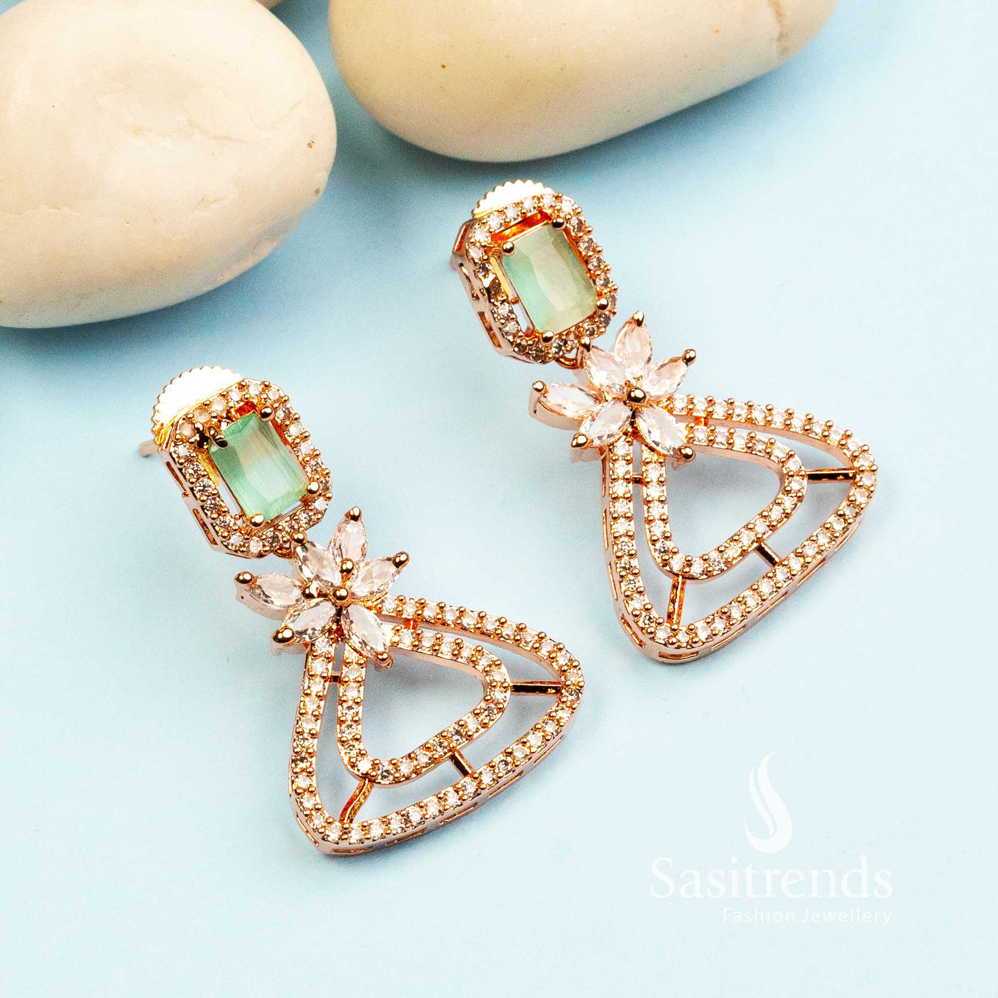 Trendy Royal Rose Gold Plated Earrings with American Diamond Stones - Image 8