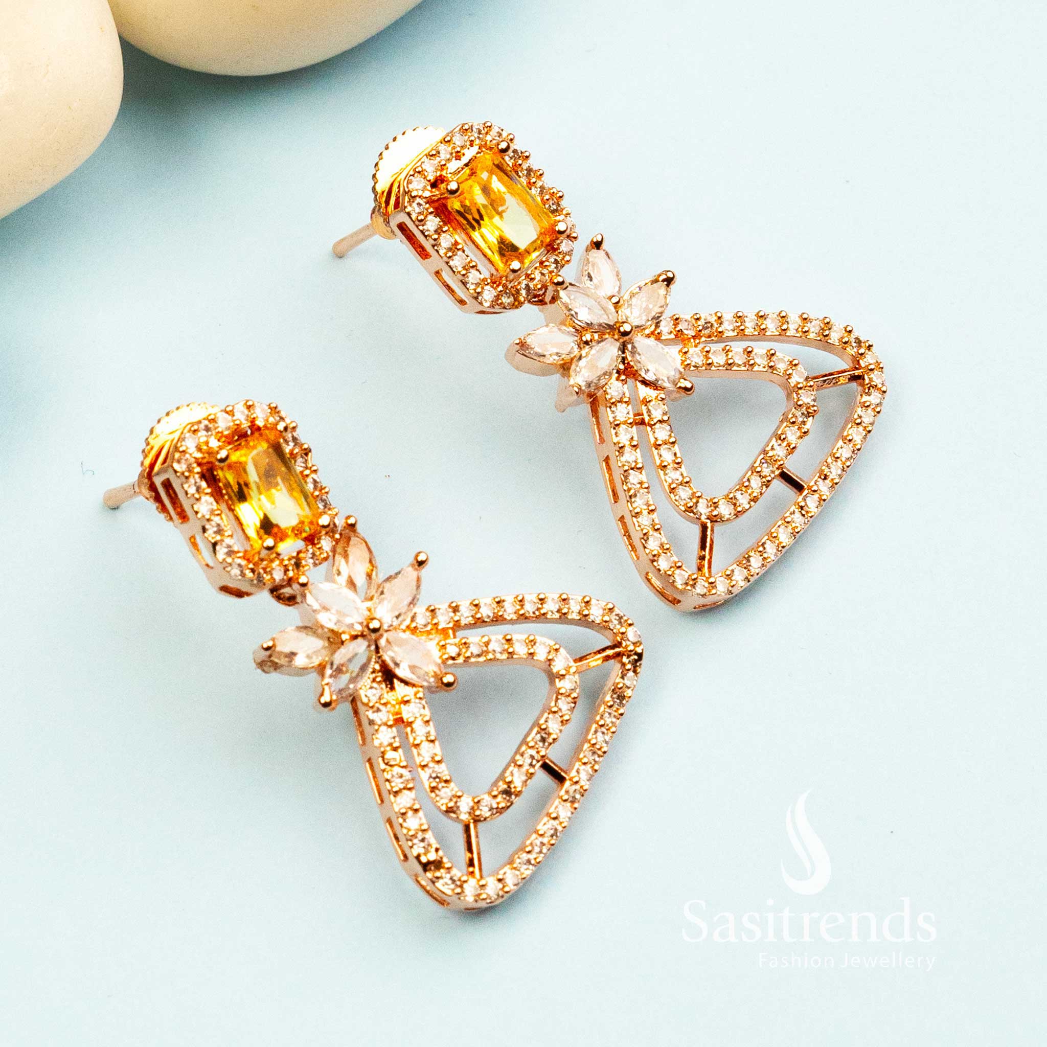 Trendy Royal Rose Gold Plated Earrings with American Diamond Stones - Image 9