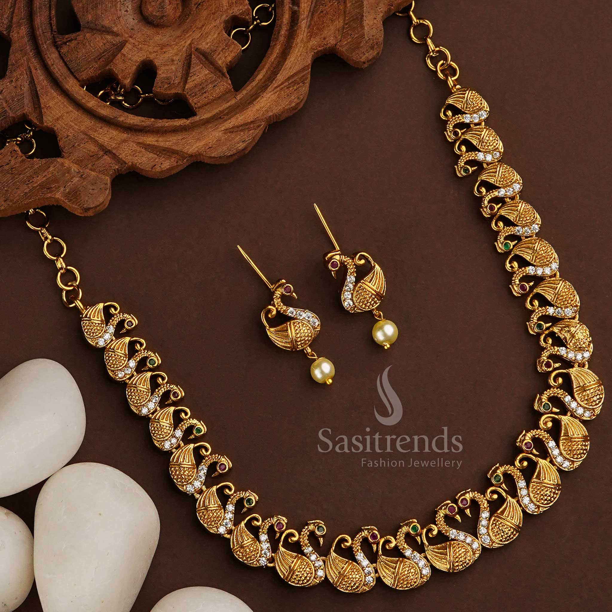 Gorgeous Matte Gold Tone Swan Necklace jewellery Set with American Diamond Stones | Sasitrends - Image 4