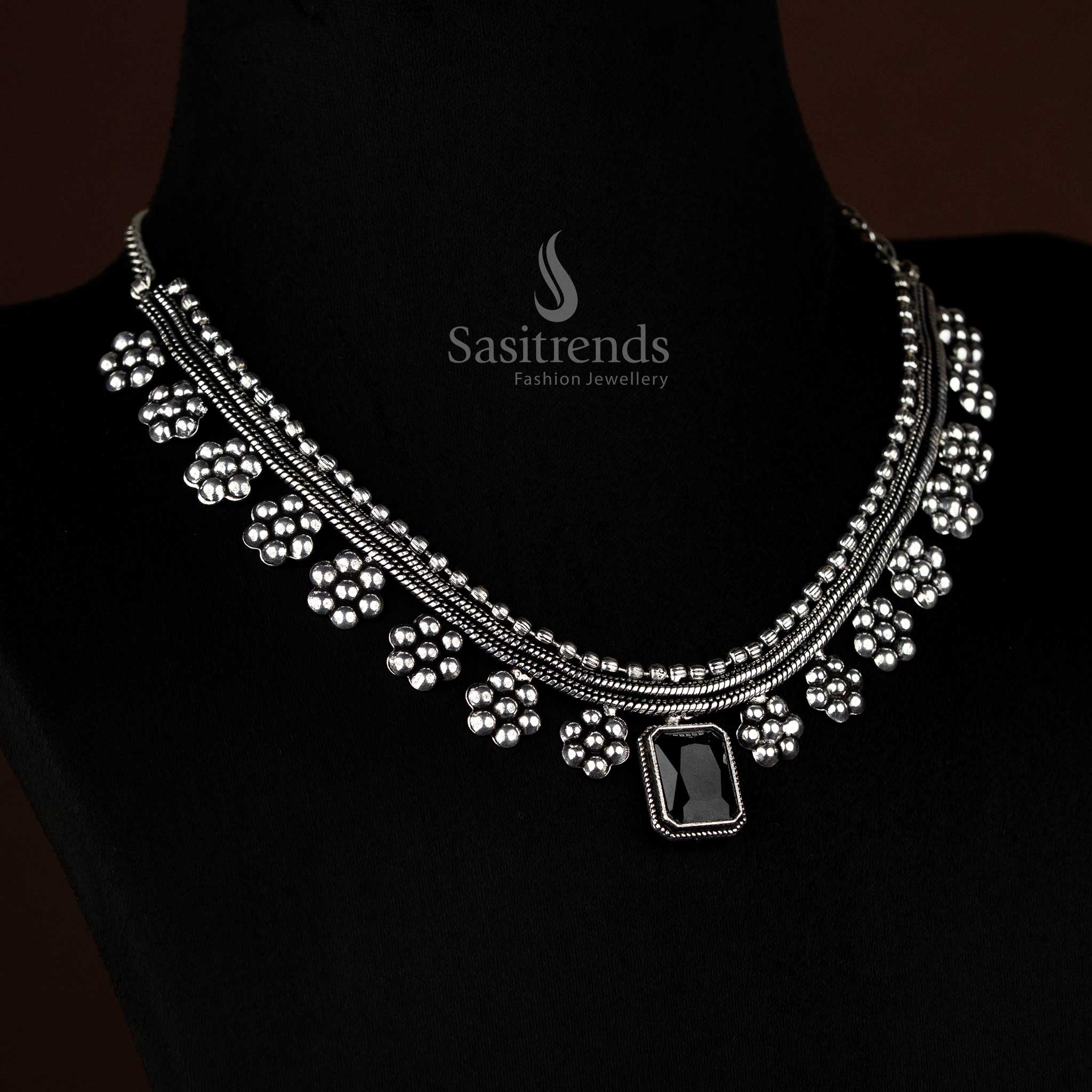 Oxidised Silver Floral Centre Rectangular Stone Necklace with Pearl Touch – Trendy Festive & Casual Styling