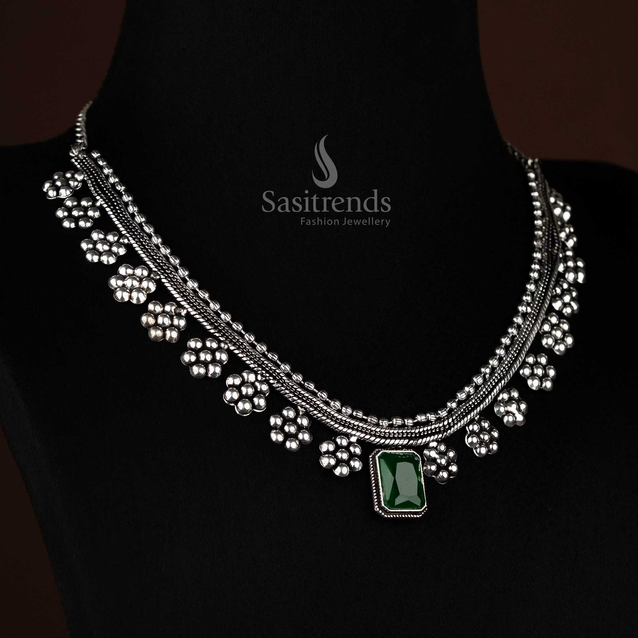 Oxidised Silver Floral Centre Rectangular Stone Necklace with Pearl Touch – Trendy Festive & Casual Styling - Image 2