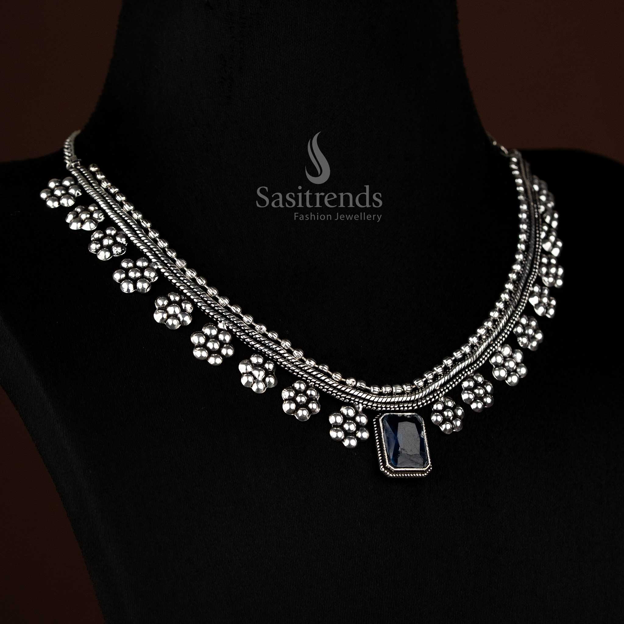Oxidised Silver Floral Centre Rectangular Stone Necklace with Pearl Touch – Trendy Festive & Casual Styling - Image 3