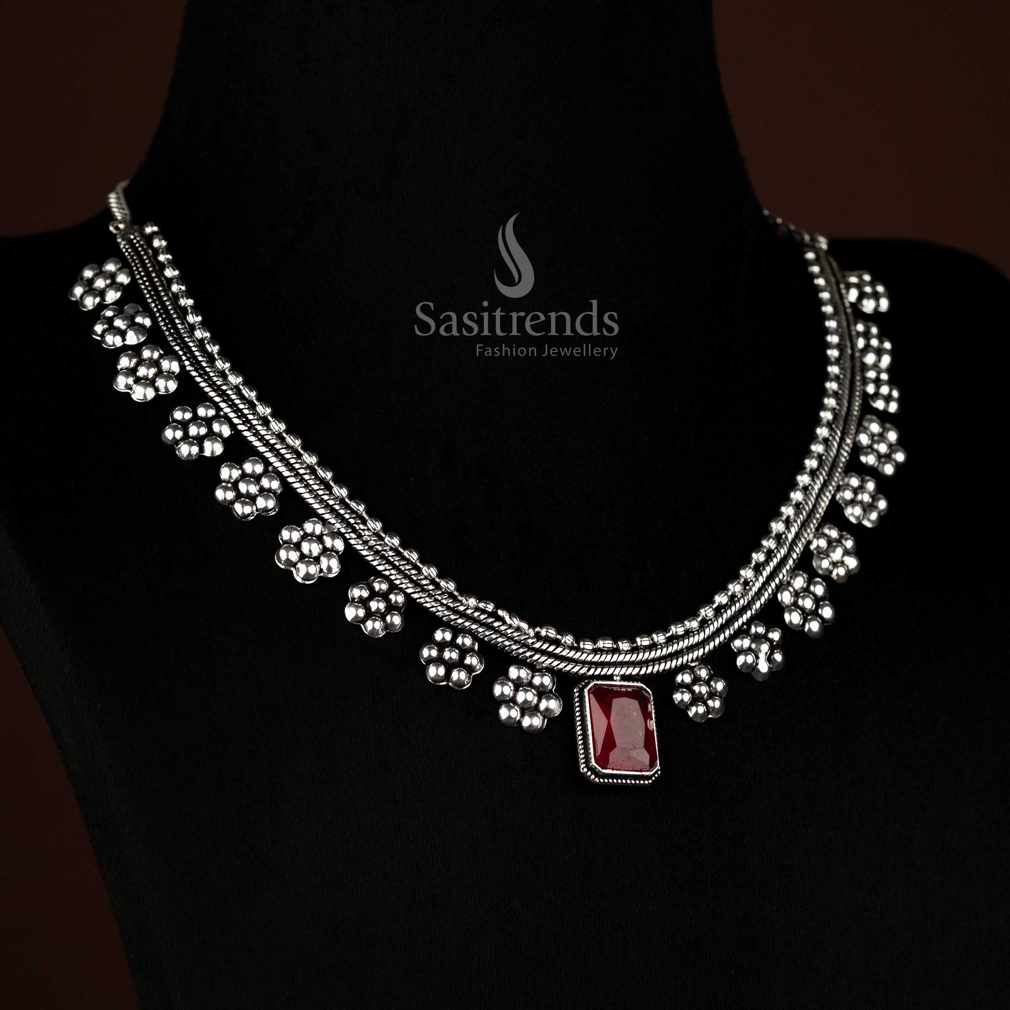 Oxidised Silver Floral Centre Rectangular Stone Necklace with Pearl Touch – Trendy Festive & Casual Styling - Image 4