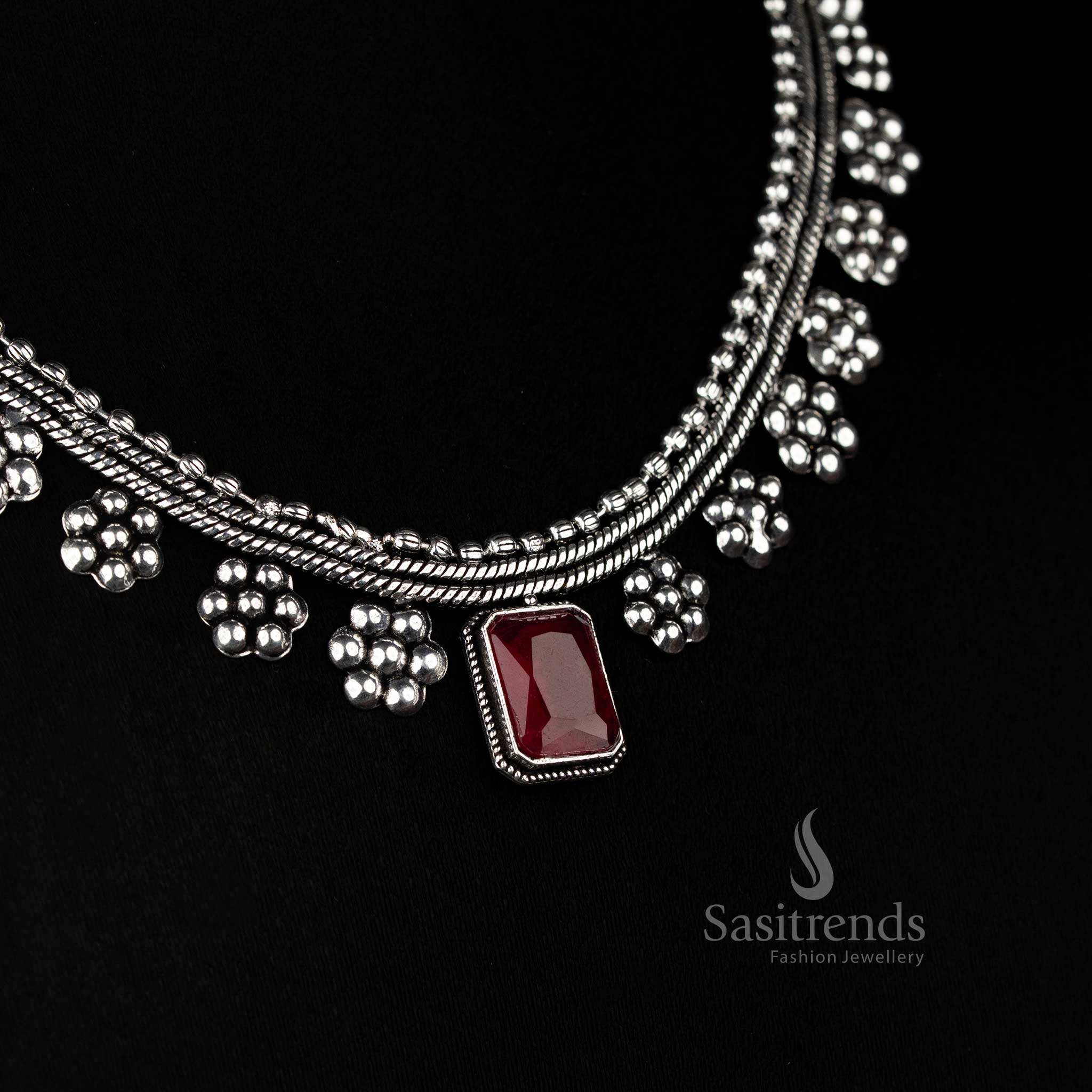 Oxidised Silver Floral Centre Rectangular Stone Necklace with Pearl Touch – Trendy Festive & Casual Styling - Image 5
