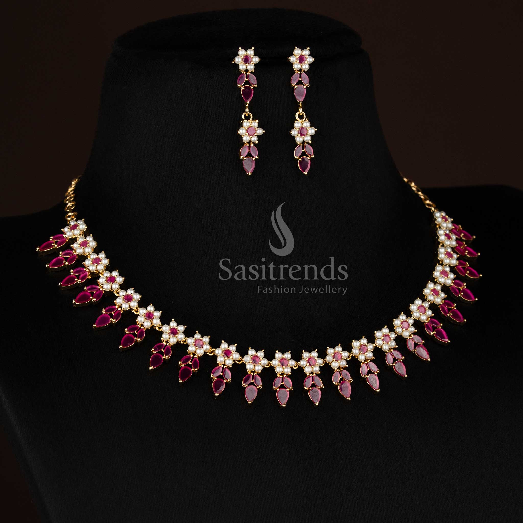 Attractive Micro Gold Plated American Diamond Floral & Teardrop Leaf Pearl Necklace Set for Party Styling - Image 4