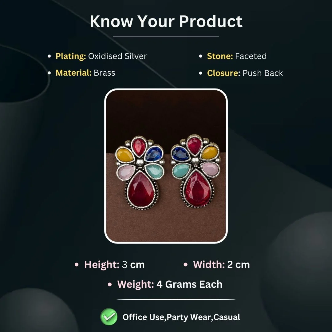 Sasitrends | Vibrant Multicolour Teardrop and Floral Design Oxidised Silver Earrings - Image 3