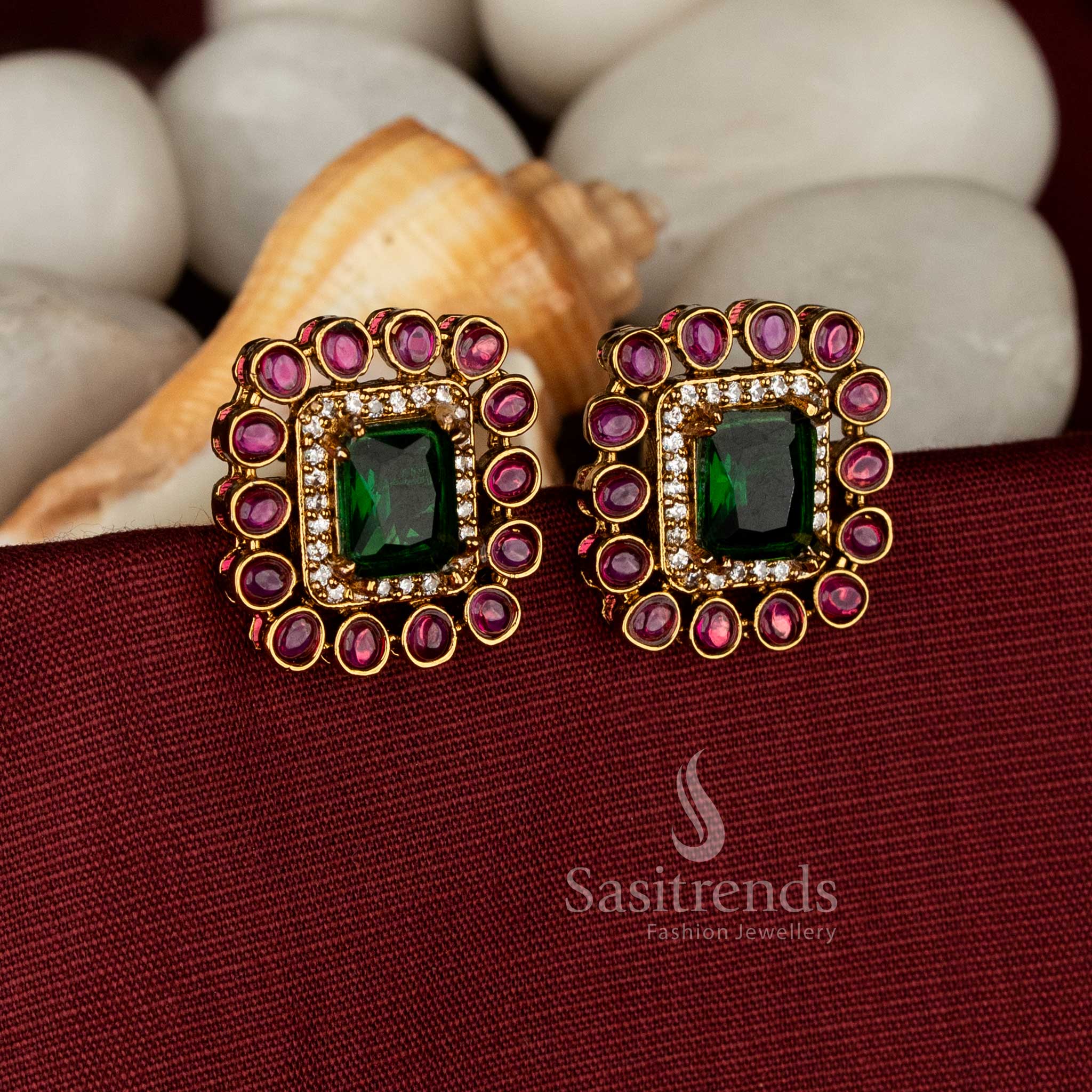 Victorian Dazzle Squared AD Stone Stud Earrings for Parties & Festive Styling