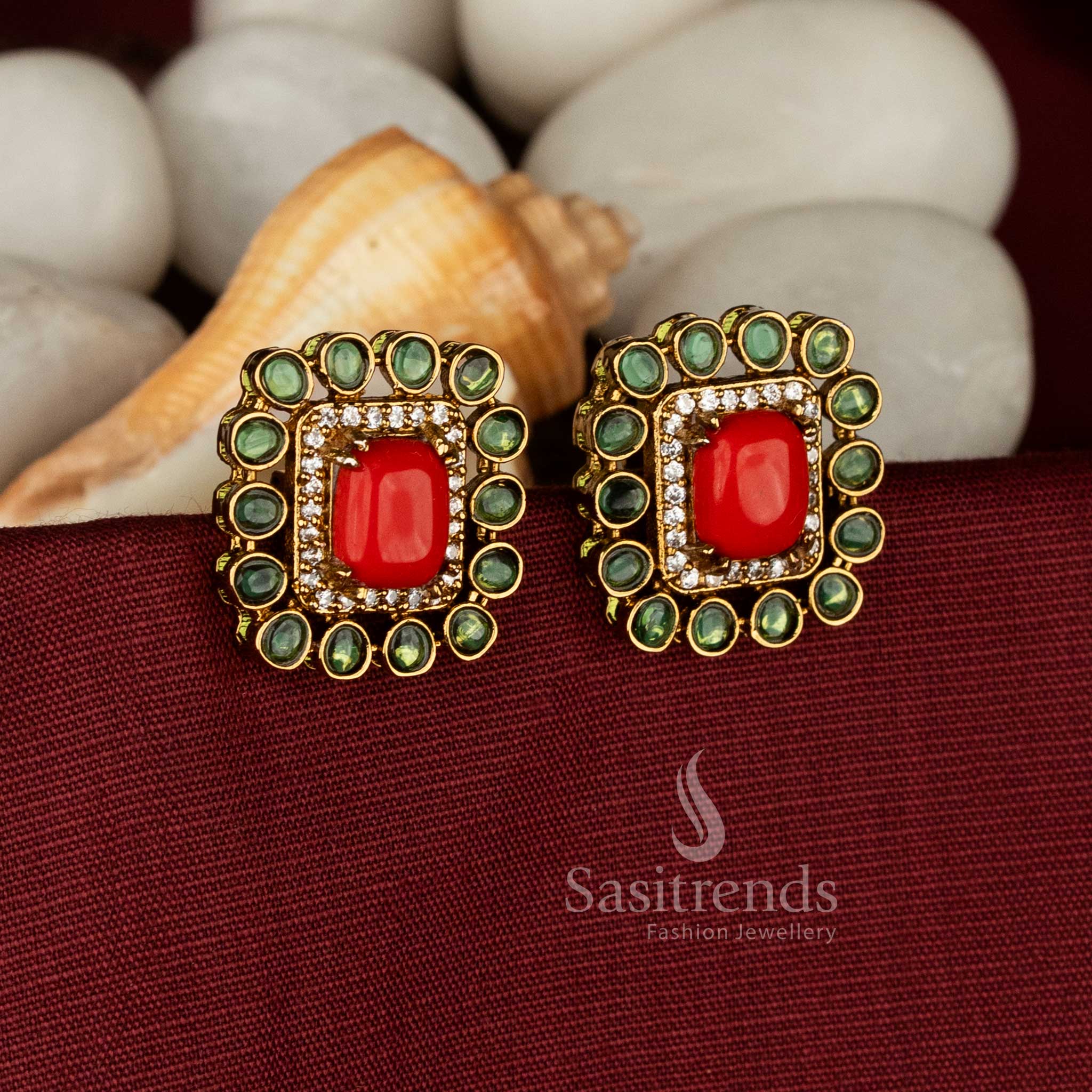 Victorian Dazzle Squared AD Stone Stud Earrings for Parties & Festive Styling - Image 2
