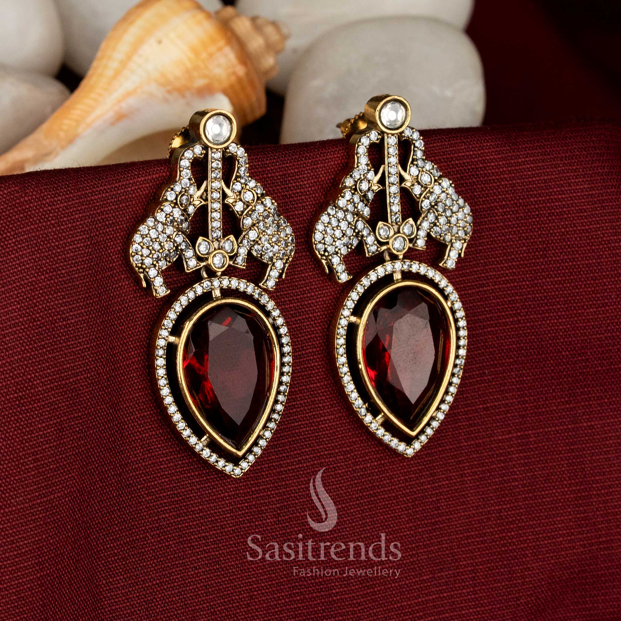 Beautifully crafted Victorian Plated AD Stone Elephant Motif Earrings with Teardrop Frame Structure | Festive wear - Image 2