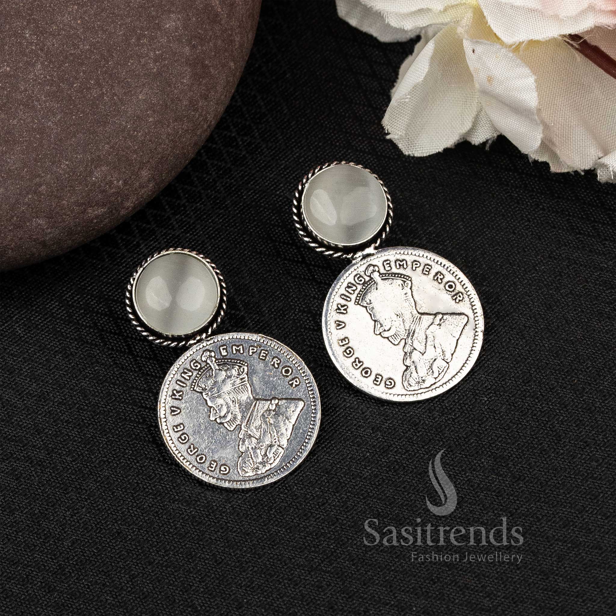 Sasitrends - Elegant Oxidised George V Emperor Coin Earrings with Monalisa Stone - Image 4