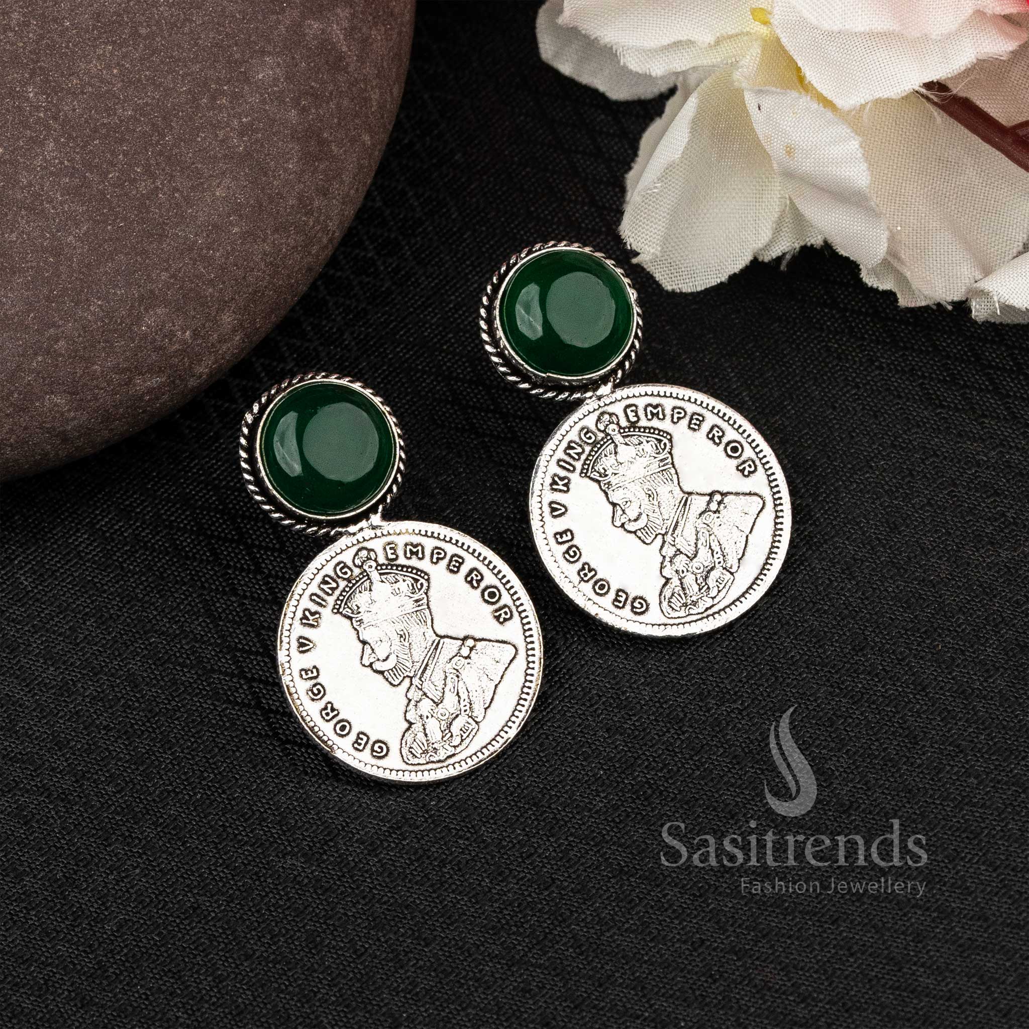 Sasitrends - Elegant Oxidised George V Emperor Coin Earrings with Monalisa Stone - Image 6