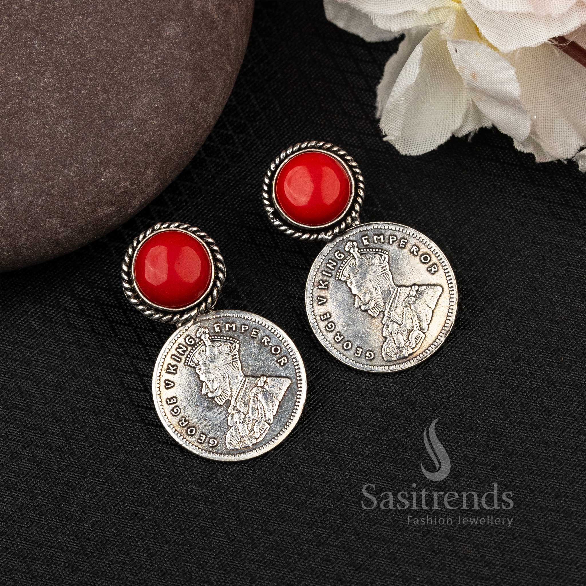Sasitrends - Elegant Oxidised George V Emperor Coin Earrings with Monalisa Stone - Image 8
