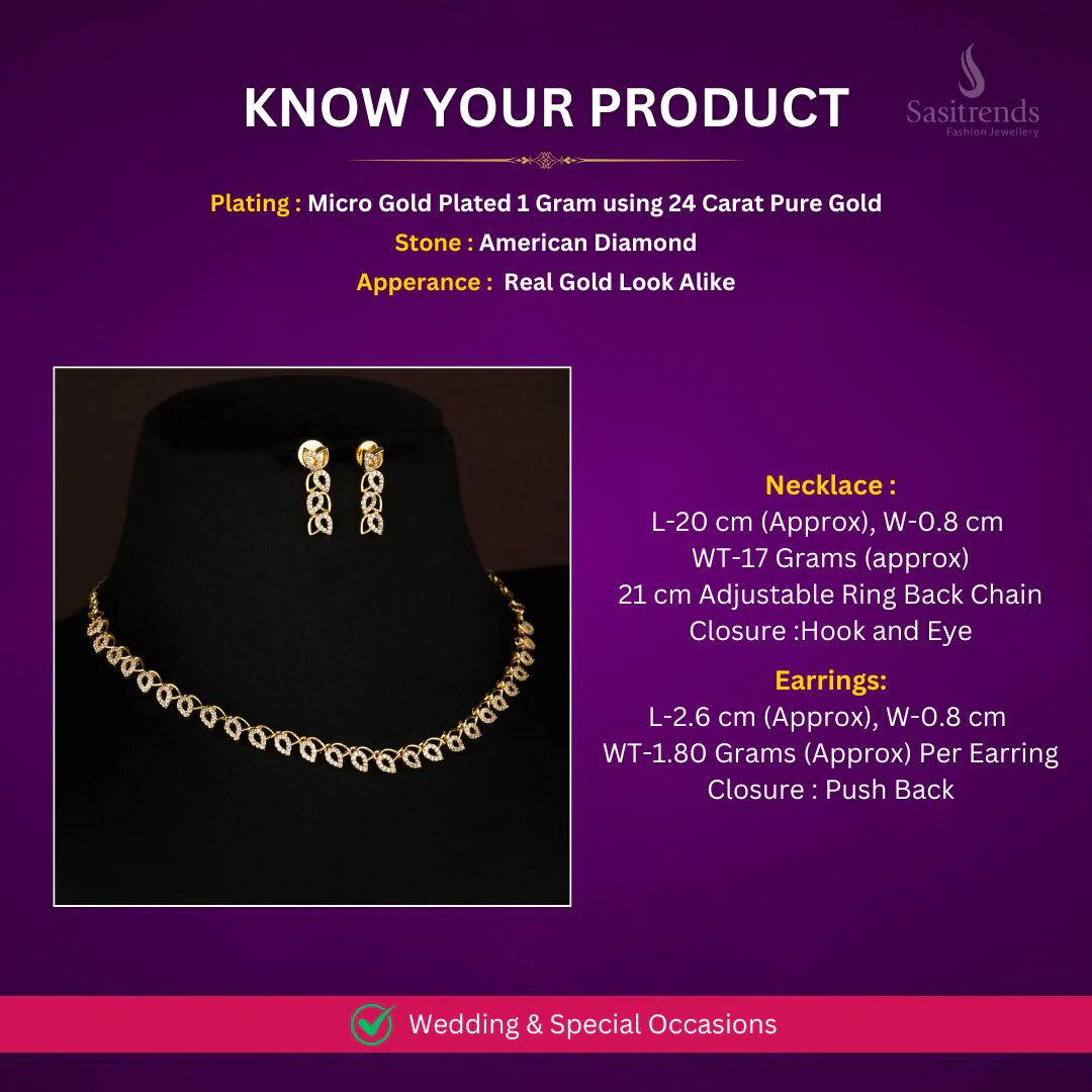 Gorgeous White American Diamond Leaf Design Micro Gold Plated Necklace Jewellery Set – Elegant and Traditional Combo for Every Occasion - Sasitrends - Image 2