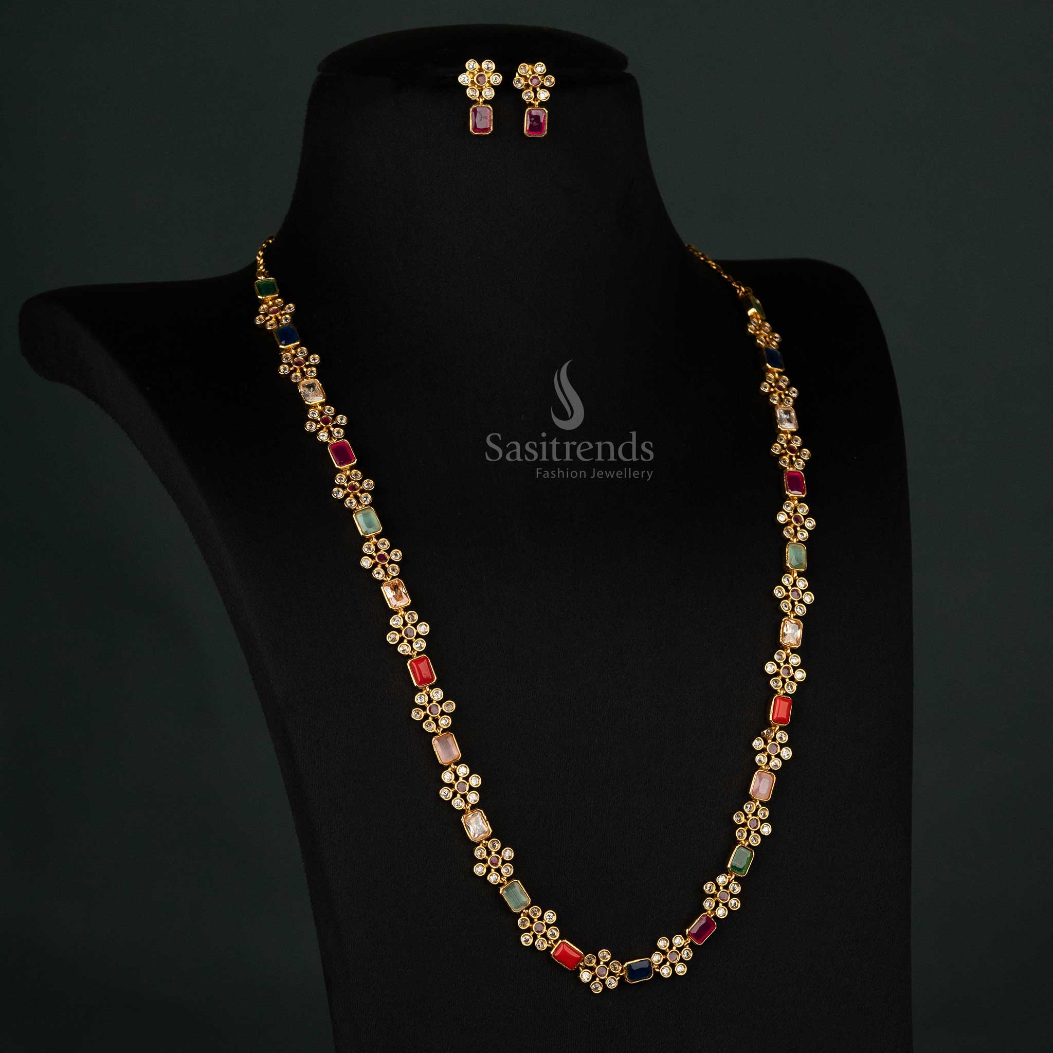 Gorgeous Matte Gold Plated Flower and Rectangular Pattern Long Necklace Jewellery Set For Festive Wear - Sasitrends - Image 6