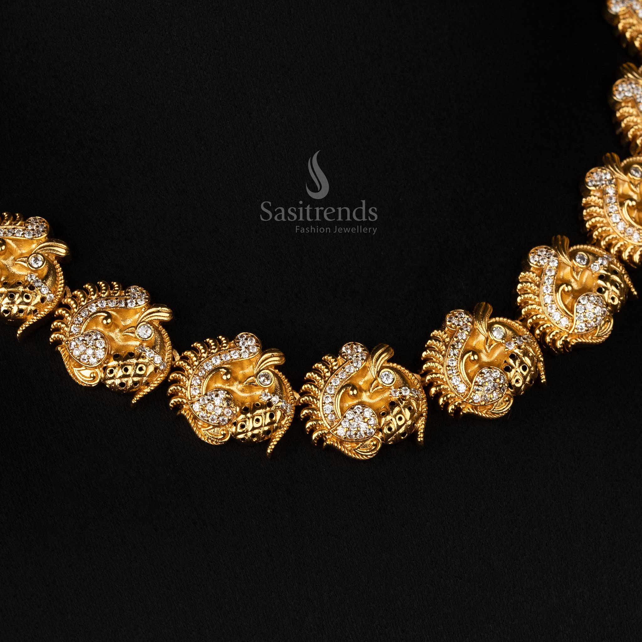 Premium Traditional Matte Gold-Plated Temple Necklace Jewellery Set with Series Peacock Motif and AD  Stones - Sasitrends - Image 2