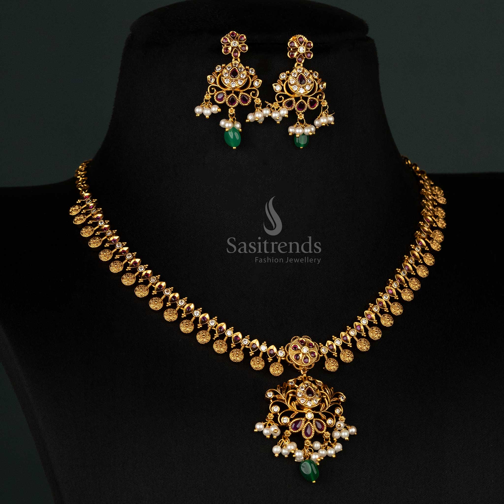 Gorgeous Premium Temple Matte Gold-Plated Necklace Jewellery Set with Intricate Floral Design for Bridal and Traditional Wear - Sasitrends - Image 2