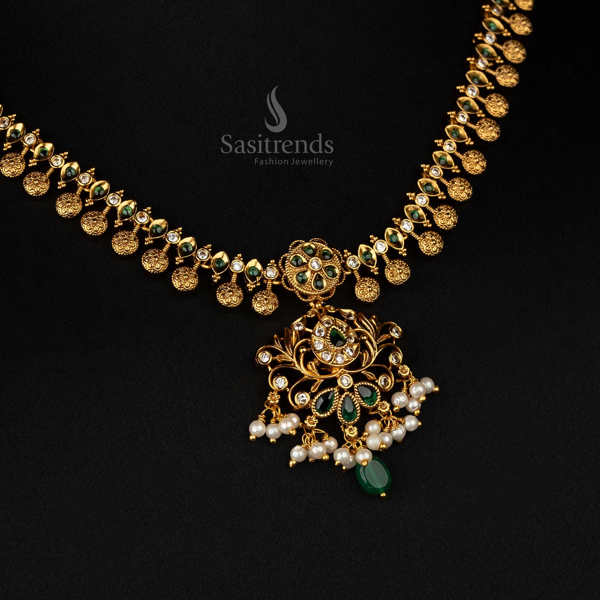 Gorgeous Premium Temple Matte Gold-Plated Necklace Jewellery Set with Intricate Floral Design for Bridal and Traditional Wear - Sasitrends - Image 3