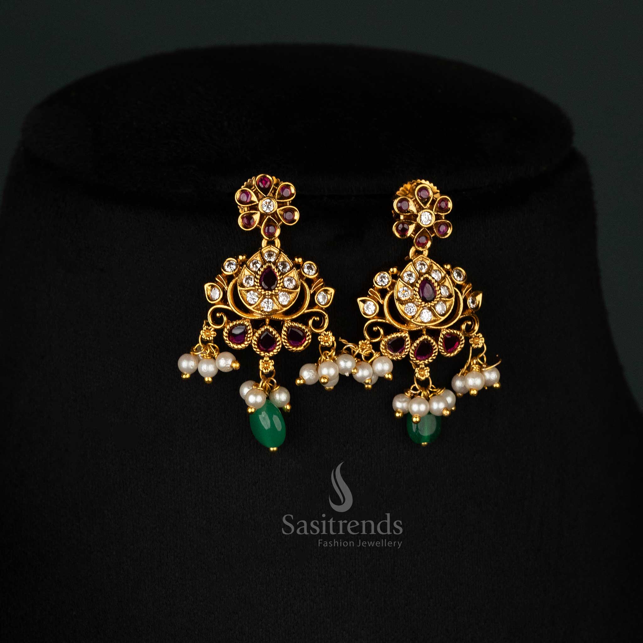 Gorgeous Premium Temple Matte Gold-Plated Necklace Jewellery Set with Intricate Floral Design for Bridal and Traditional Wear - Sasitrends - Image 4