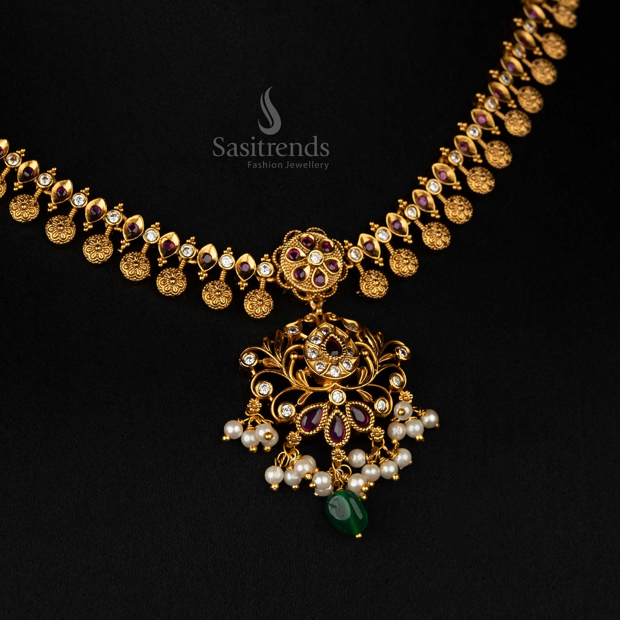 Gorgeous Premium Temple Matte Gold-Plated Necklace Jewellery Set with Intricate Floral Design for Bridal and Traditional Wear - Sasitrends - Image 7