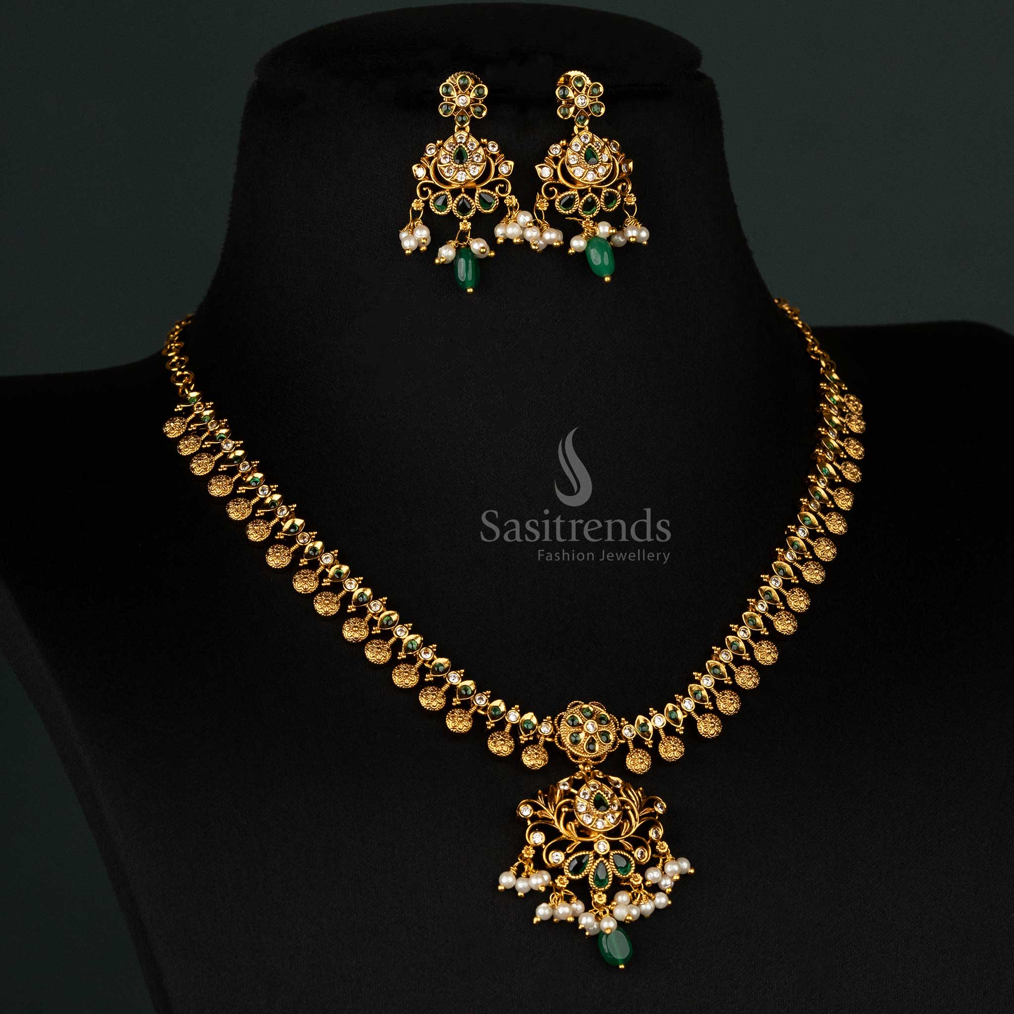 Gorgeous Premium Temple Matte Gold-Plated Necklace Jewellery Set with Intricate Floral Design for Bridal and Traditional Wear - Sasitrends - Image 8