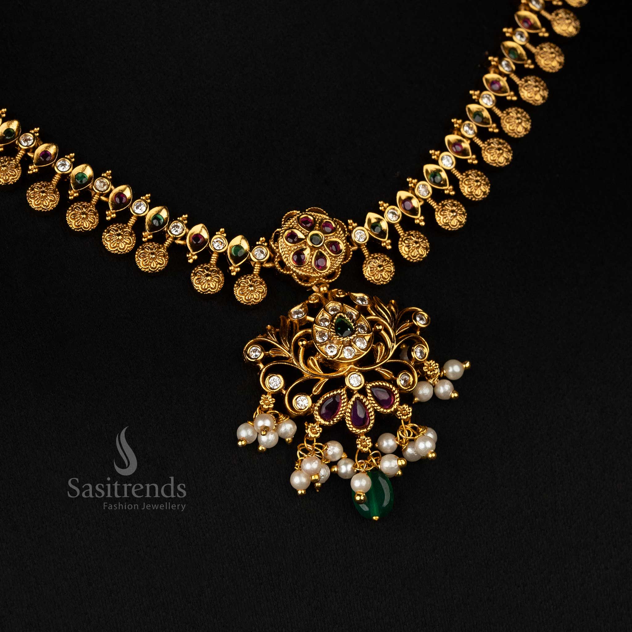 Gorgeous Premium Temple Matte Gold-Plated Necklace Jewellery Set with Intricate Floral Design for Bridal and Traditional Wear - Sasitrends - Image 9