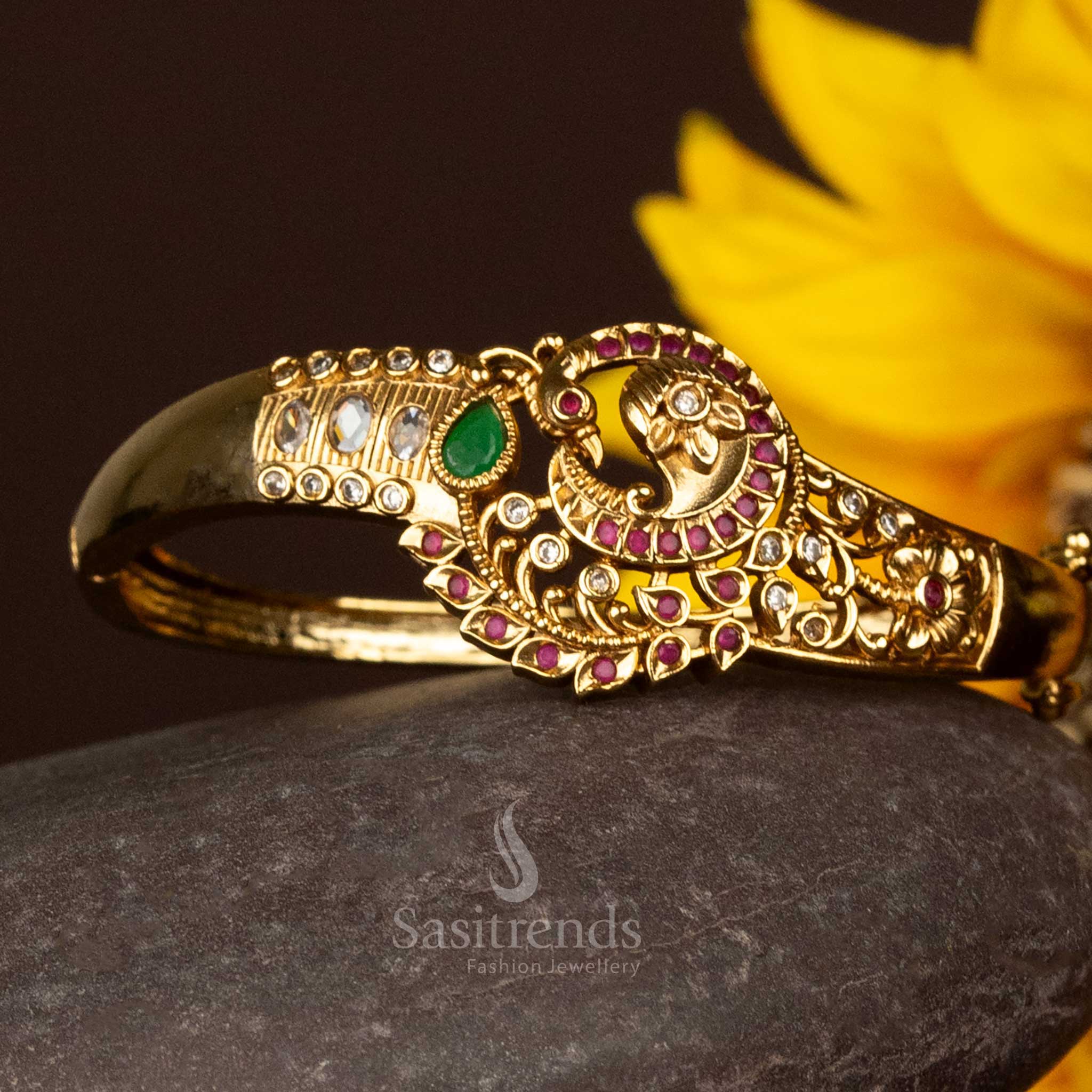 Stylish Matte Gold Plated Floral Peacock AD Stone Openable Single Kada Bracelet – Traditional Wedding Jewellery - Sasitrends
