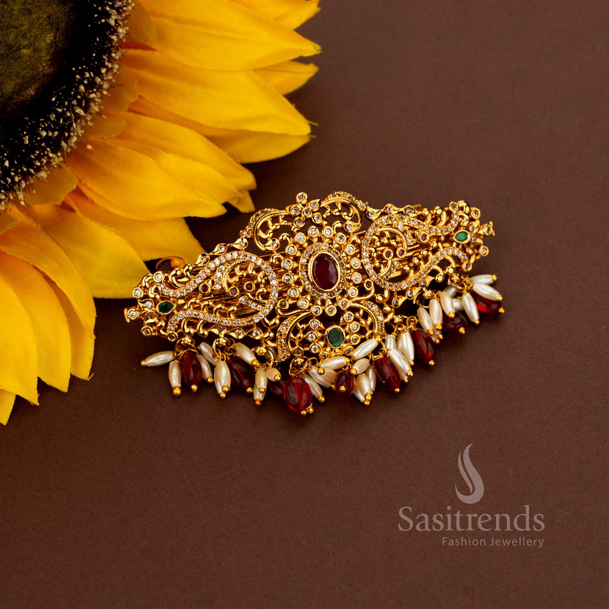 Gorgeous Temple Matte Gold Plated Oval Floral AD Rice Pearl Hair Clip for Wedding Events