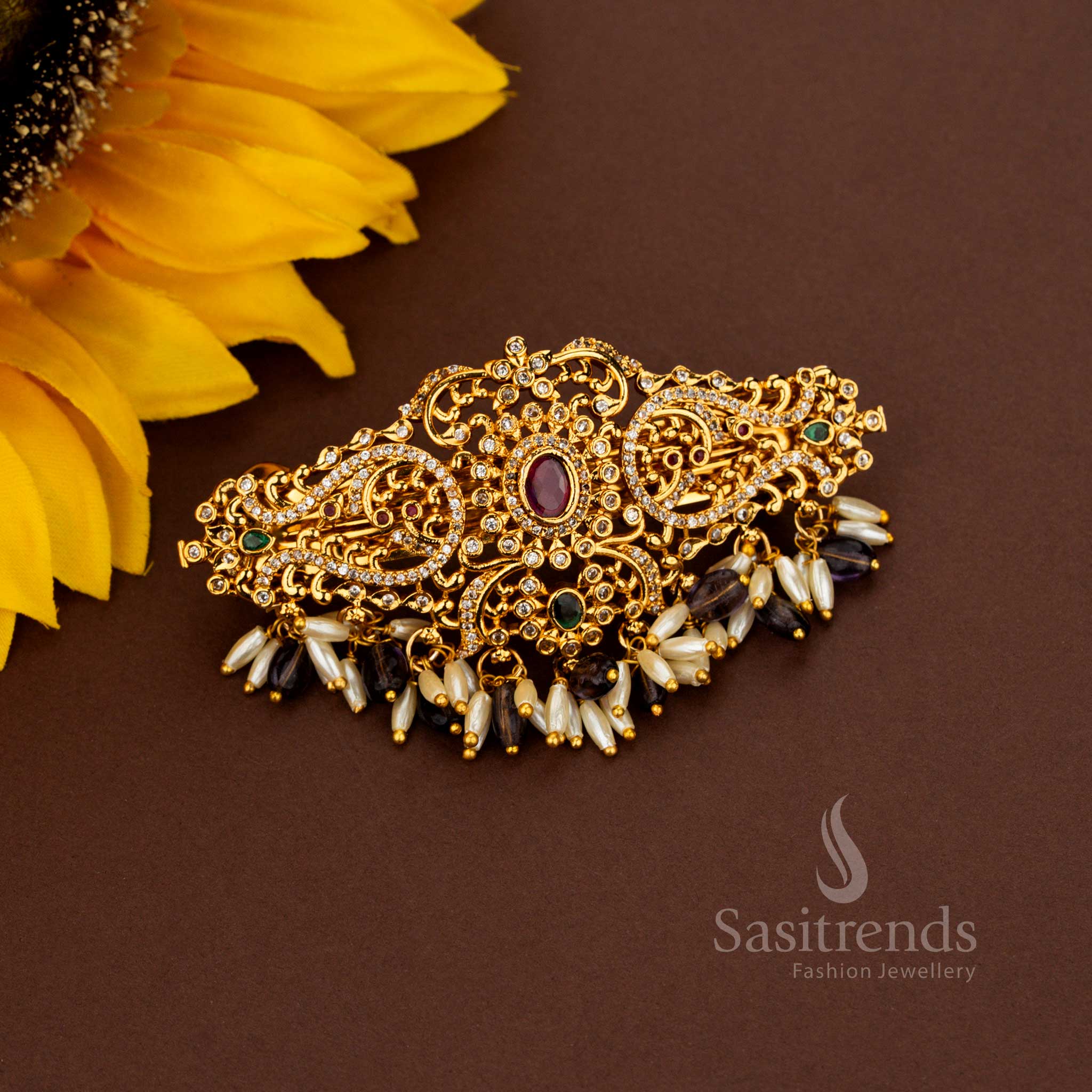 Gorgeous Temple Matte Gold Plated Oval Floral AD Rice Pearl Hair Clip for Wedding Events - Image 5