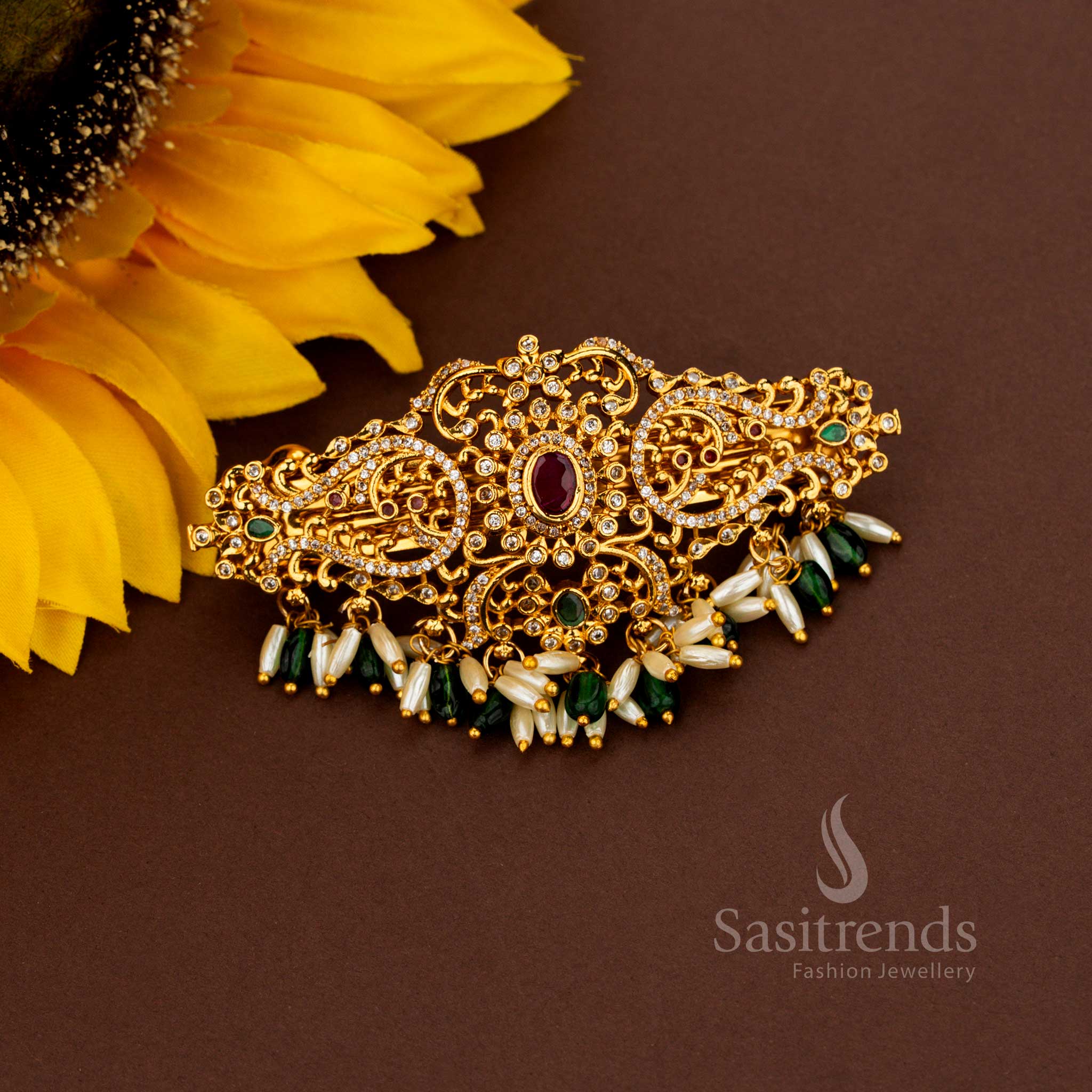 Gorgeous Temple Matte Gold Plated Oval Floral AD Rice Pearl Hair Clip for Wedding Events - Image 6
