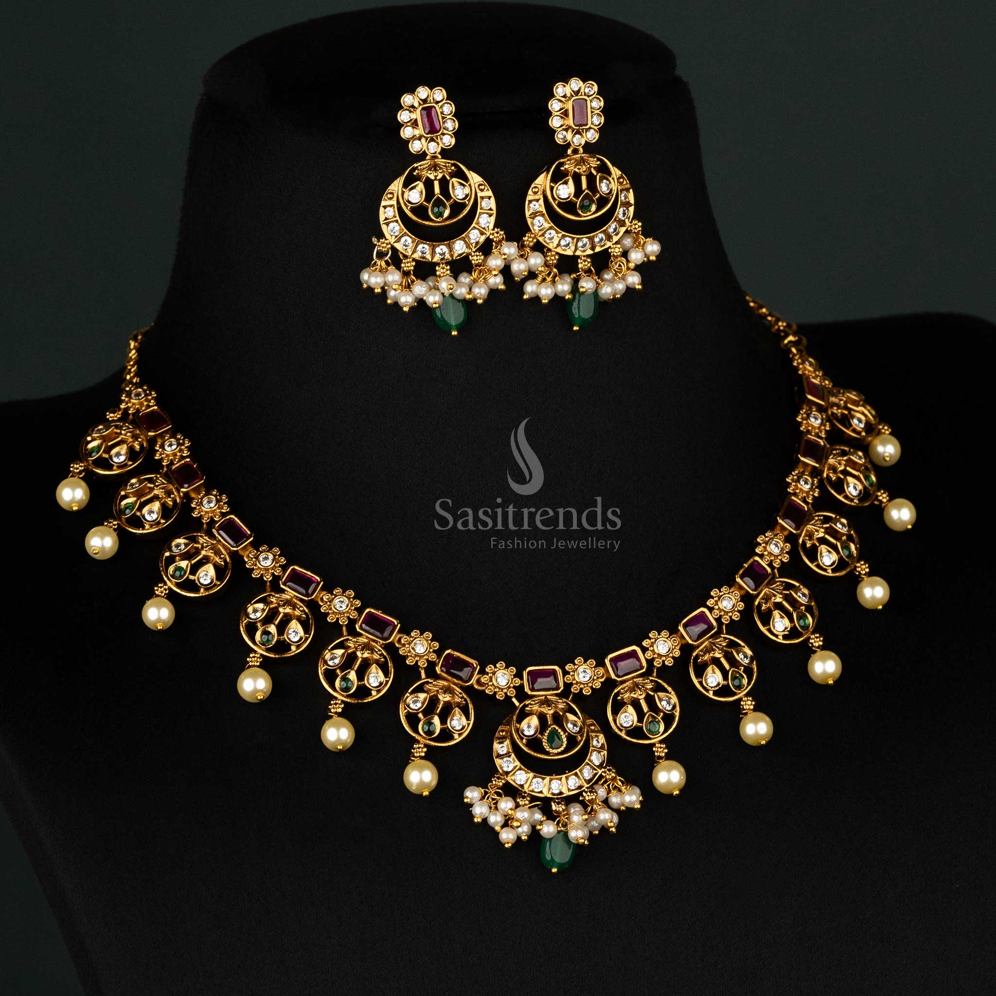 Gorgeous Premium Temple Matte Gold-Plated Necklace Jewellery Set With AD Stones Floral Motifs, Pearls - Sasitrends