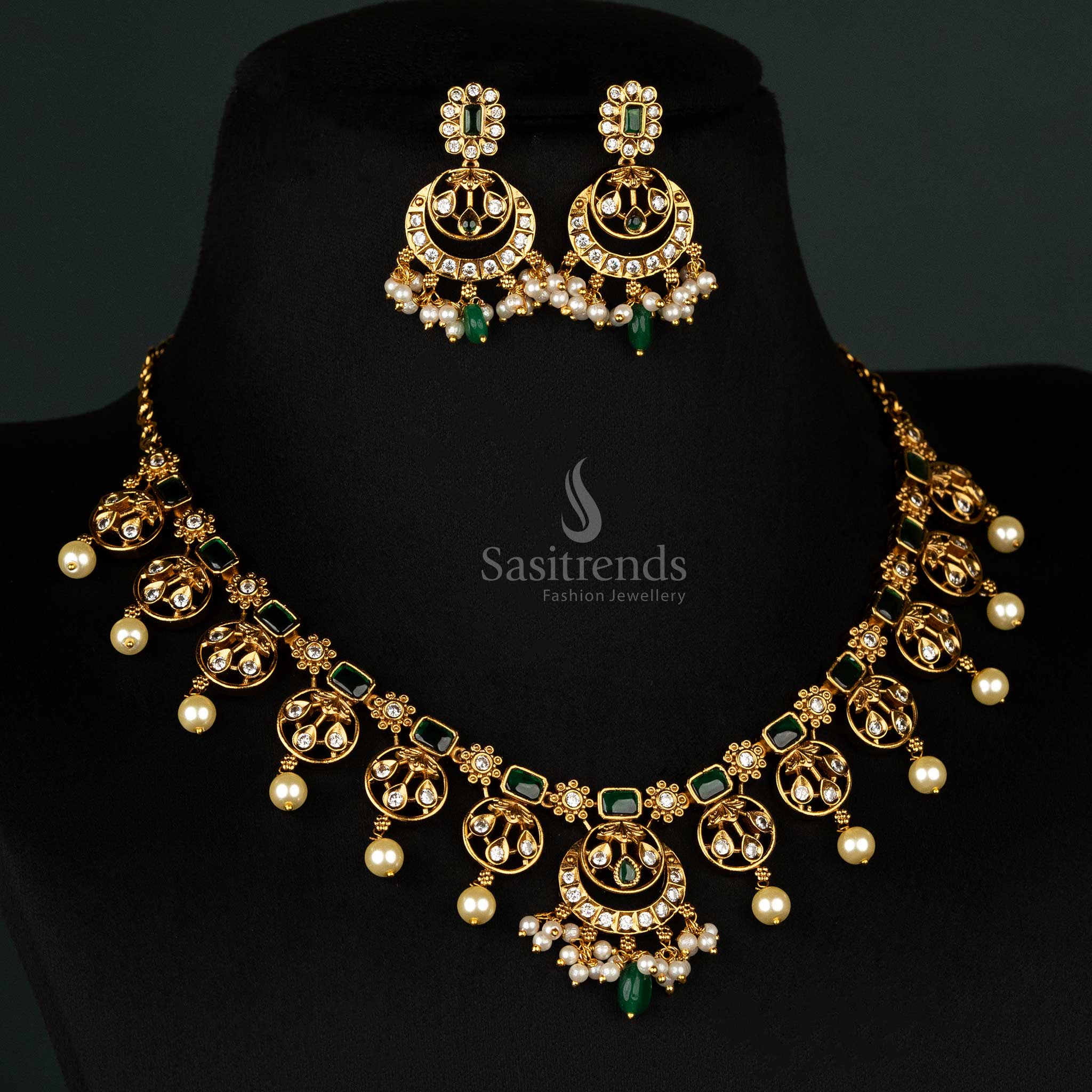 Gorgeous Premium Temple Matte Gold-Plated Necklace Jewellery Set With AD Stones Floral Motifs, Pearls - Sasitrends - Image 2