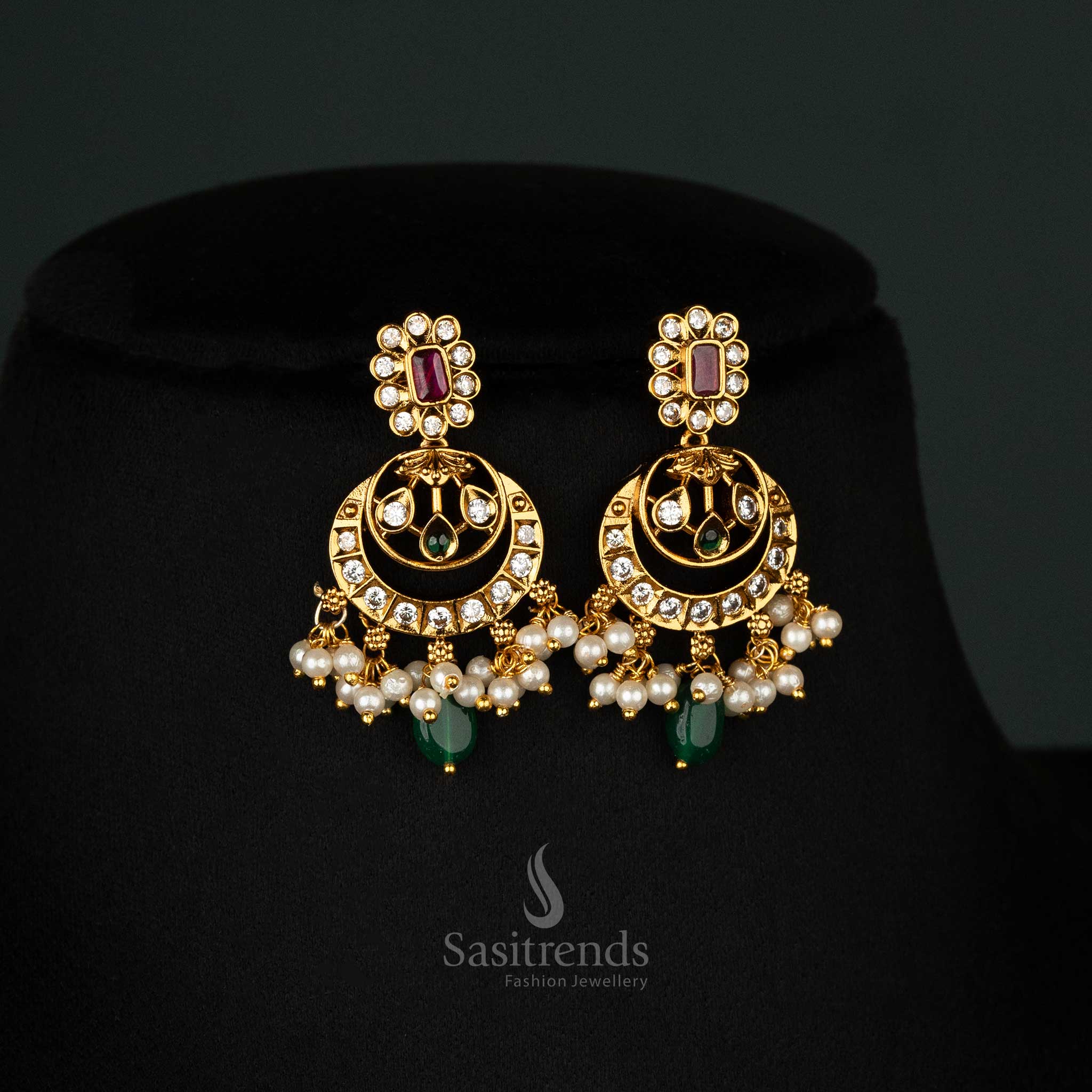Gorgeous Premium Temple Matte Gold-Plated Necklace Jewellery Set With AD Stones Floral Motifs, Pearls - Sasitrends - Image 7