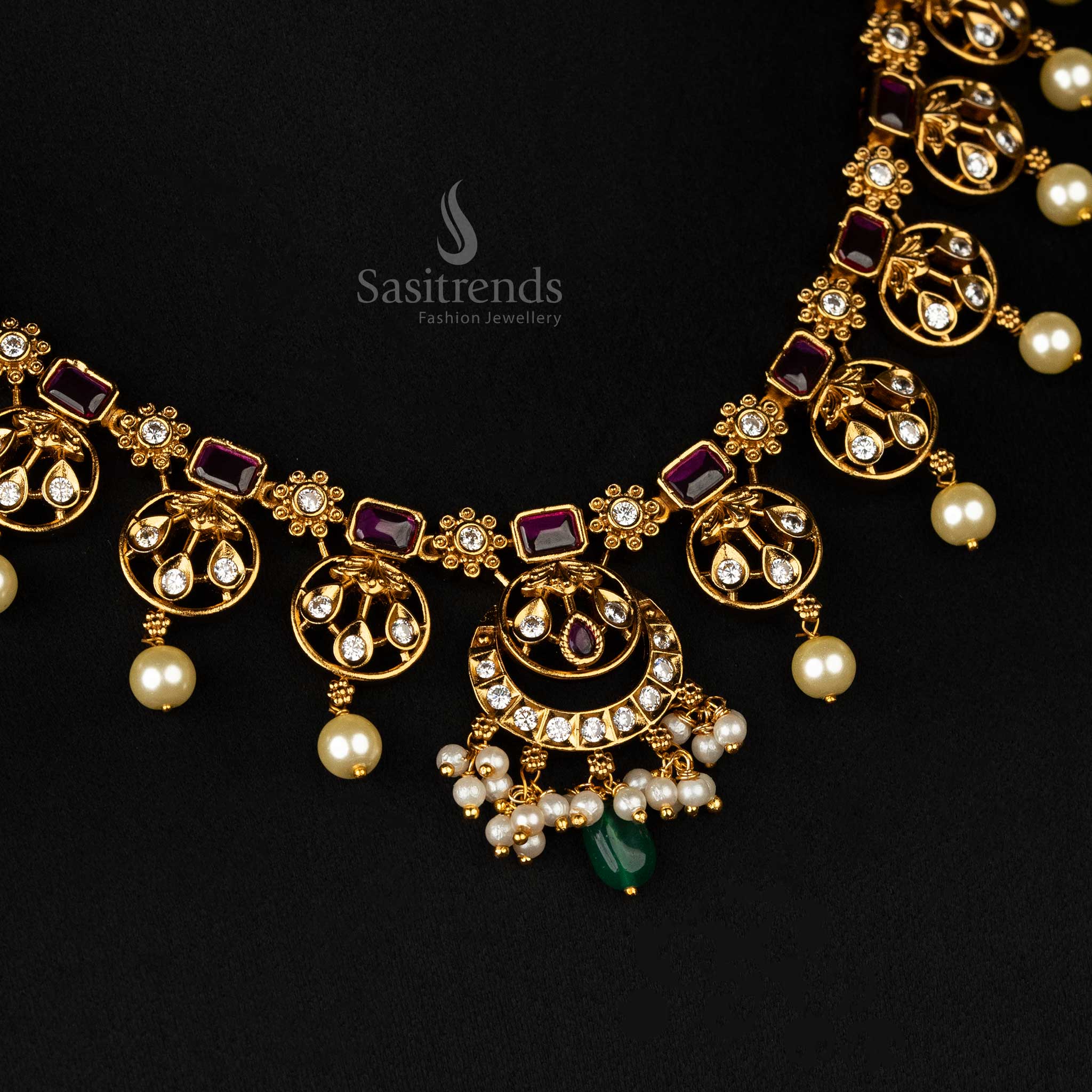 Gorgeous Premium Temple Matte Gold-Plated Necklace Jewellery Set With AD Stones Floral Motifs, Pearls - Sasitrends - Image 8