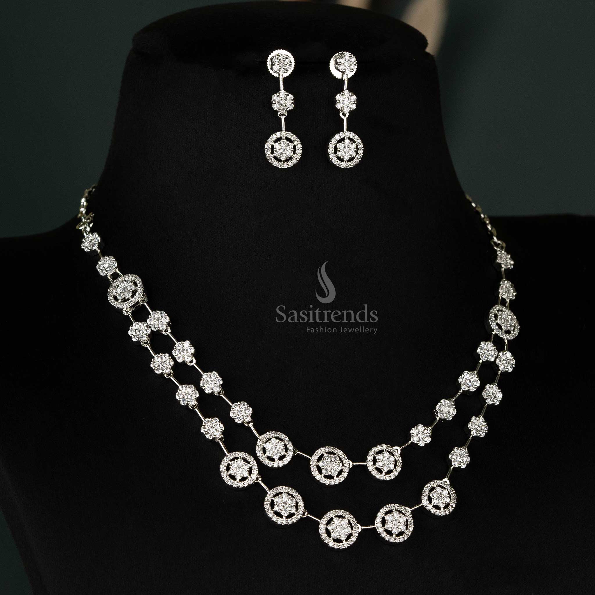 Stunning Look Rhodium Silver, Gold And Rose Gold Plated Two Layered Circular Motif American Diamond Necklace Jewellery Set - Image 2