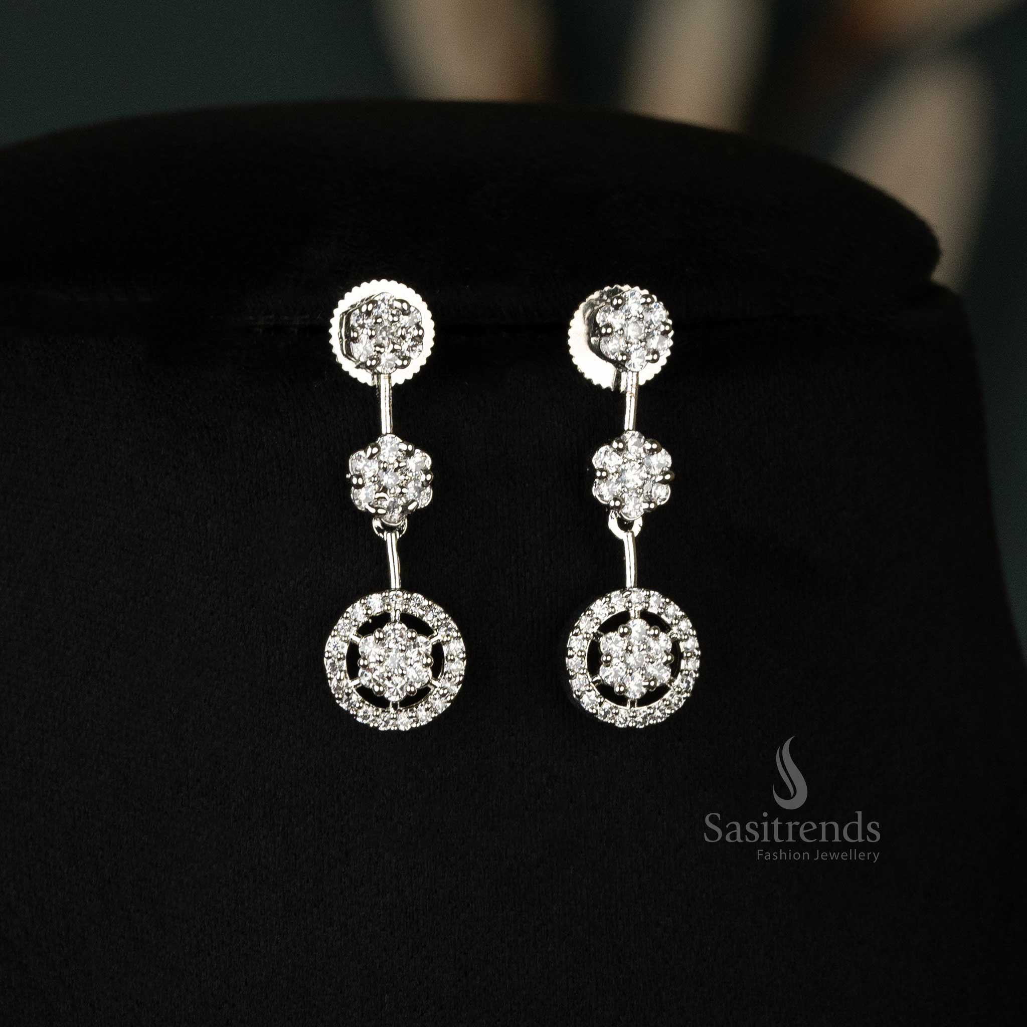 Stunning Look Rhodium Silver, Gold And Rose Gold Plated Two Layered Circular Motif American Diamond Necklace Jewellery Set - Image 7