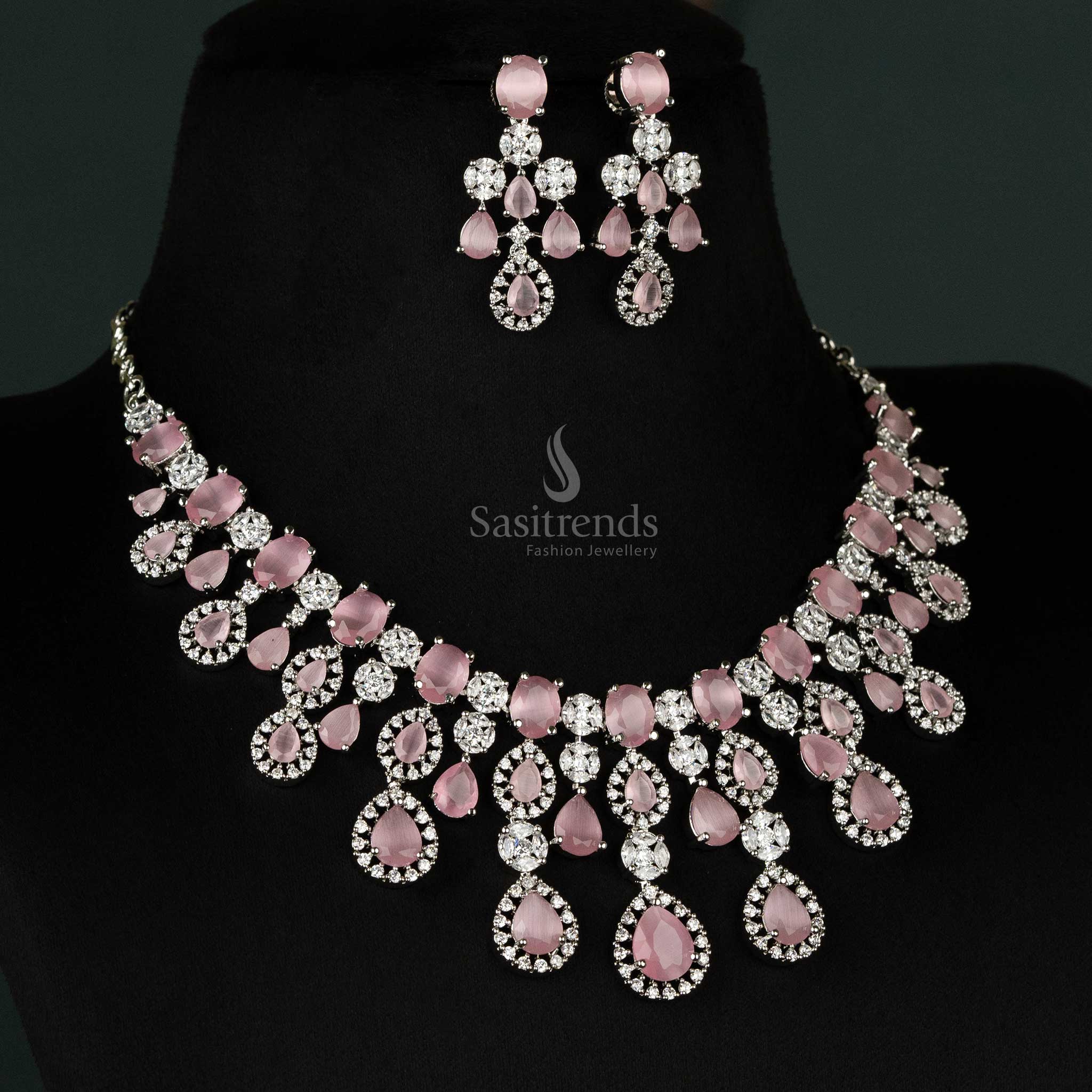 Gorgeous Rhodium Silver-Plated American Diamond Stone Choker Necklace Jewellery Set For Bridal Wear - Sasitrends