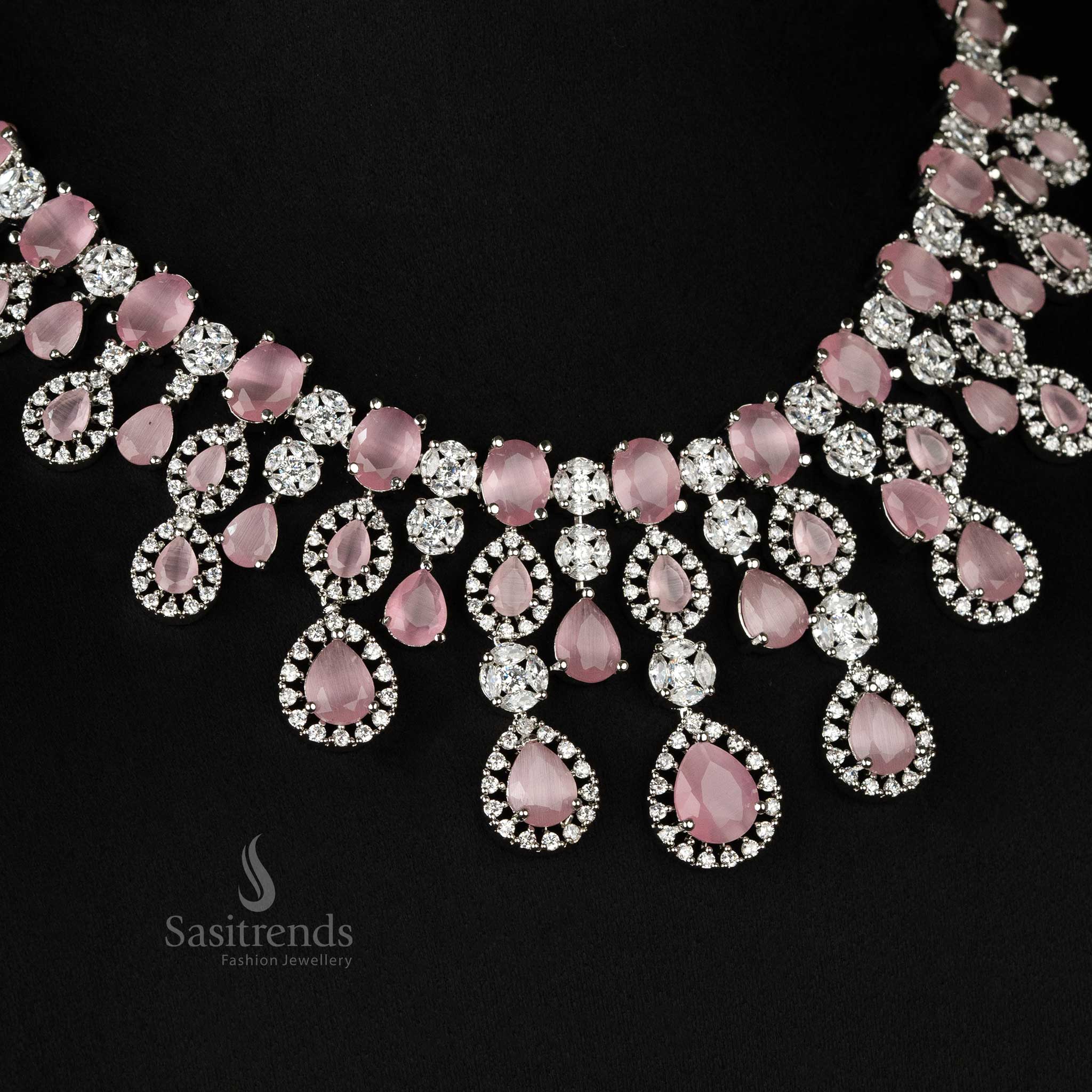 Gorgeous Rhodium Silver-Plated American Diamond Stone Choker Necklace Jewellery Set For Bridal Wear - Sasitrends - Image 11