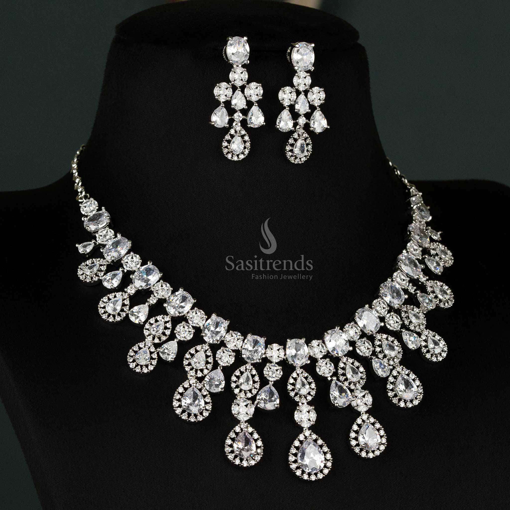 Gorgeous Rhodium Silver-Plated American Diamond Stone Choker Necklace Jewellery Set For Bridal Wear - Sasitrends - Image 12