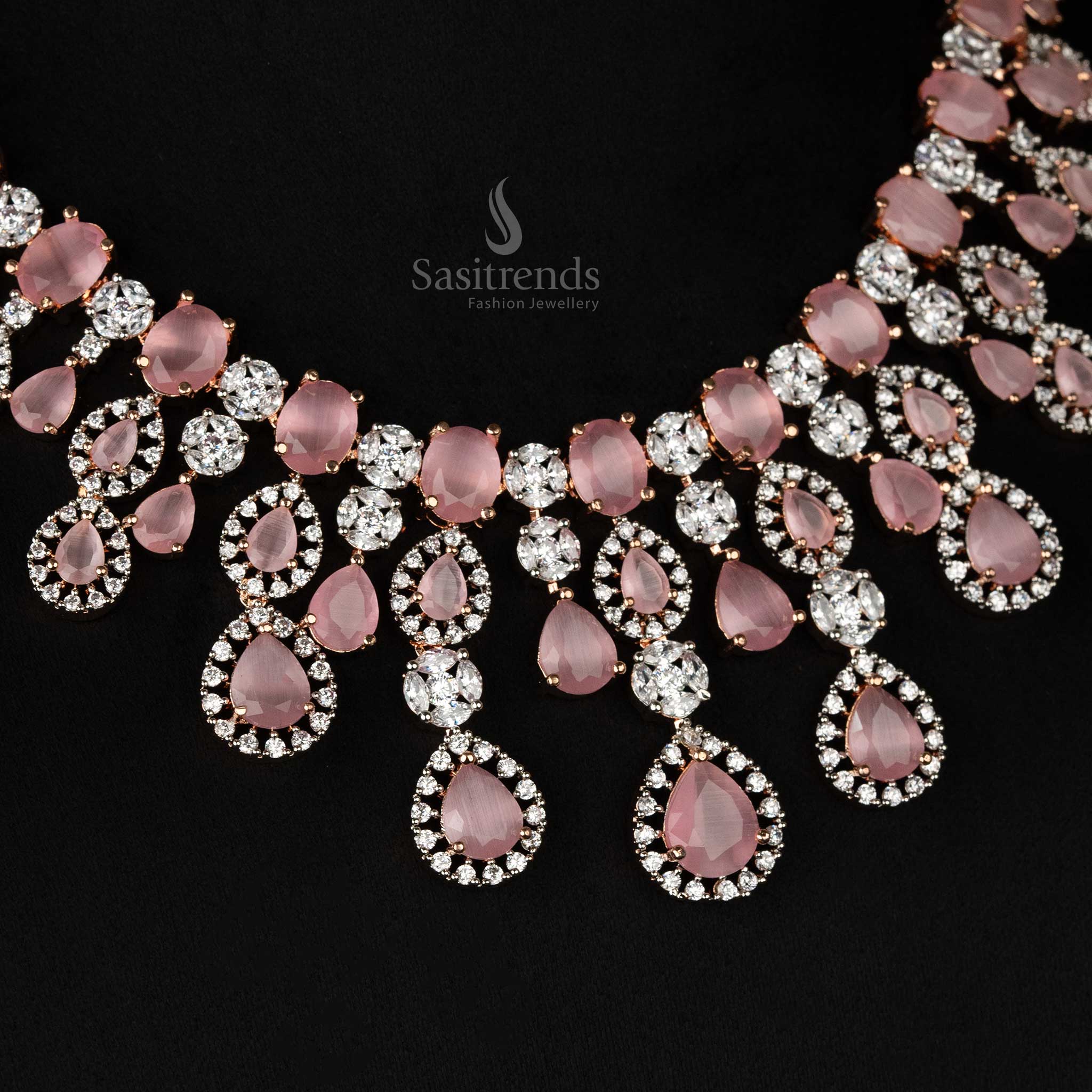 Gorgeous Rhodium Silver-Plated American Diamond Stone Choker Necklace Jewellery Set For Bridal Wear - Sasitrends - Image 13