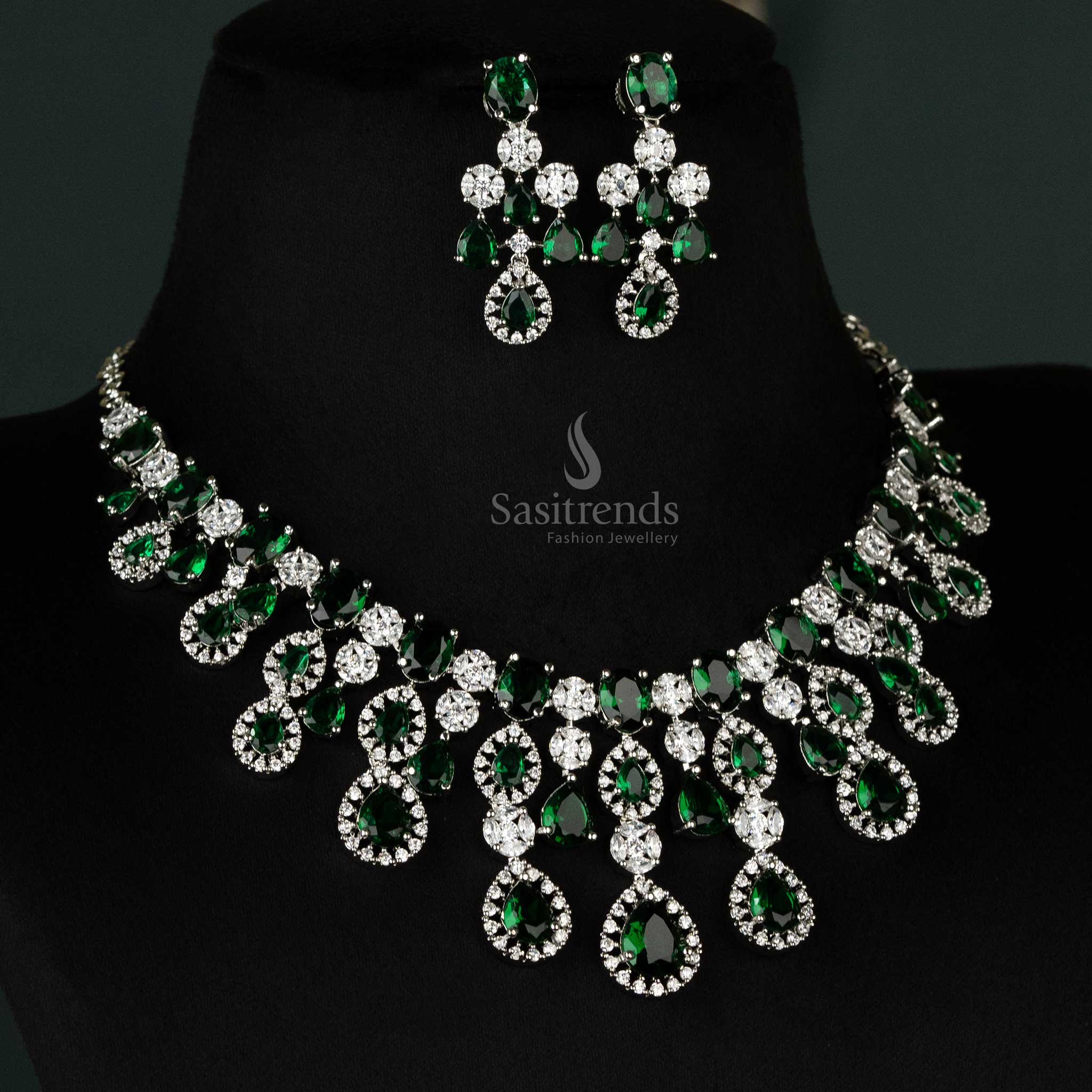 Gorgeous Rhodium Silver-Plated American Diamond Stone Choker Necklace Jewellery Set For Bridal Wear - Sasitrends - Image 17