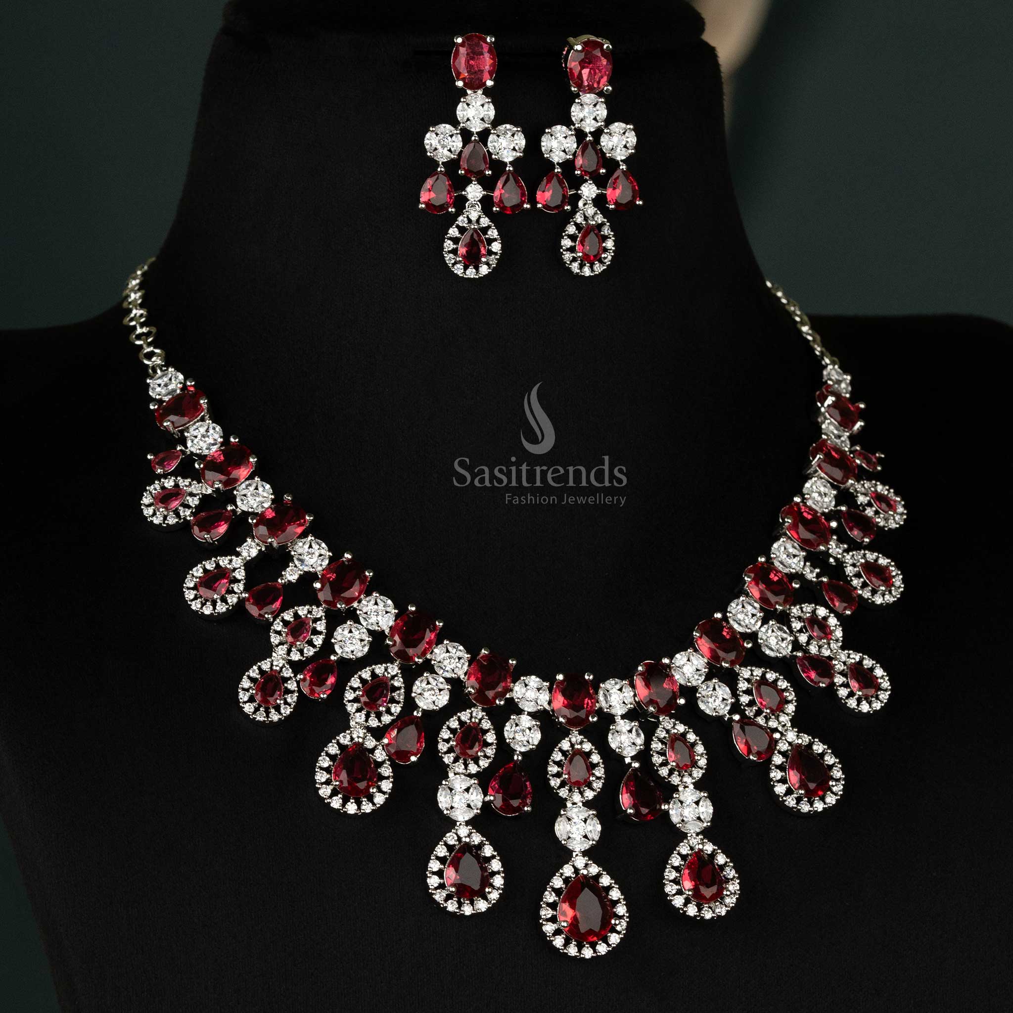 Gorgeous Rhodium Silver-Plated American Diamond Stone Choker Necklace Jewellery Set For Bridal Wear - Sasitrends - Image 18