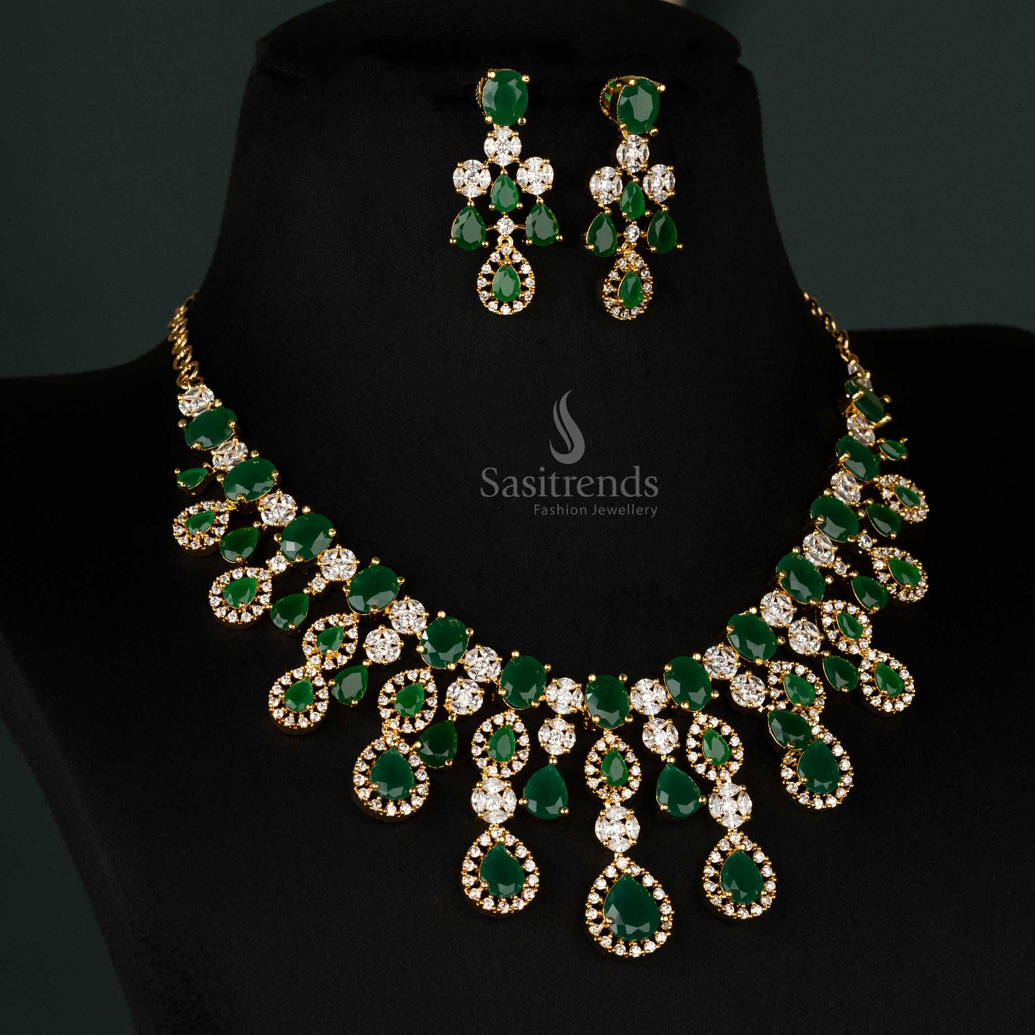 Gorgeous Rhodium Silver-Plated American Diamond Stone Choker Necklace Jewellery Set For Bridal Wear - Sasitrends - Image 2